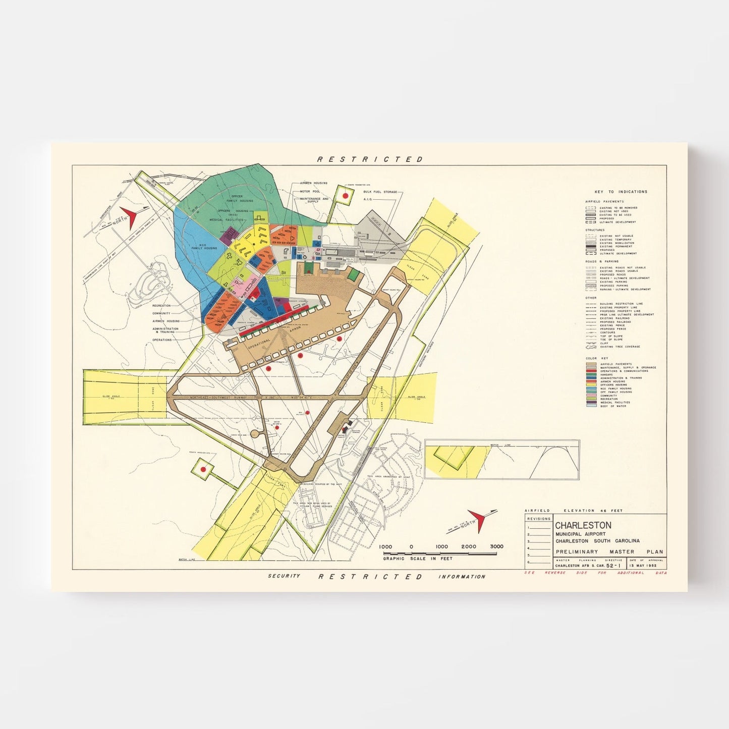 Vintage Map of Charleston Municipal Airport, 1952 Wall Art