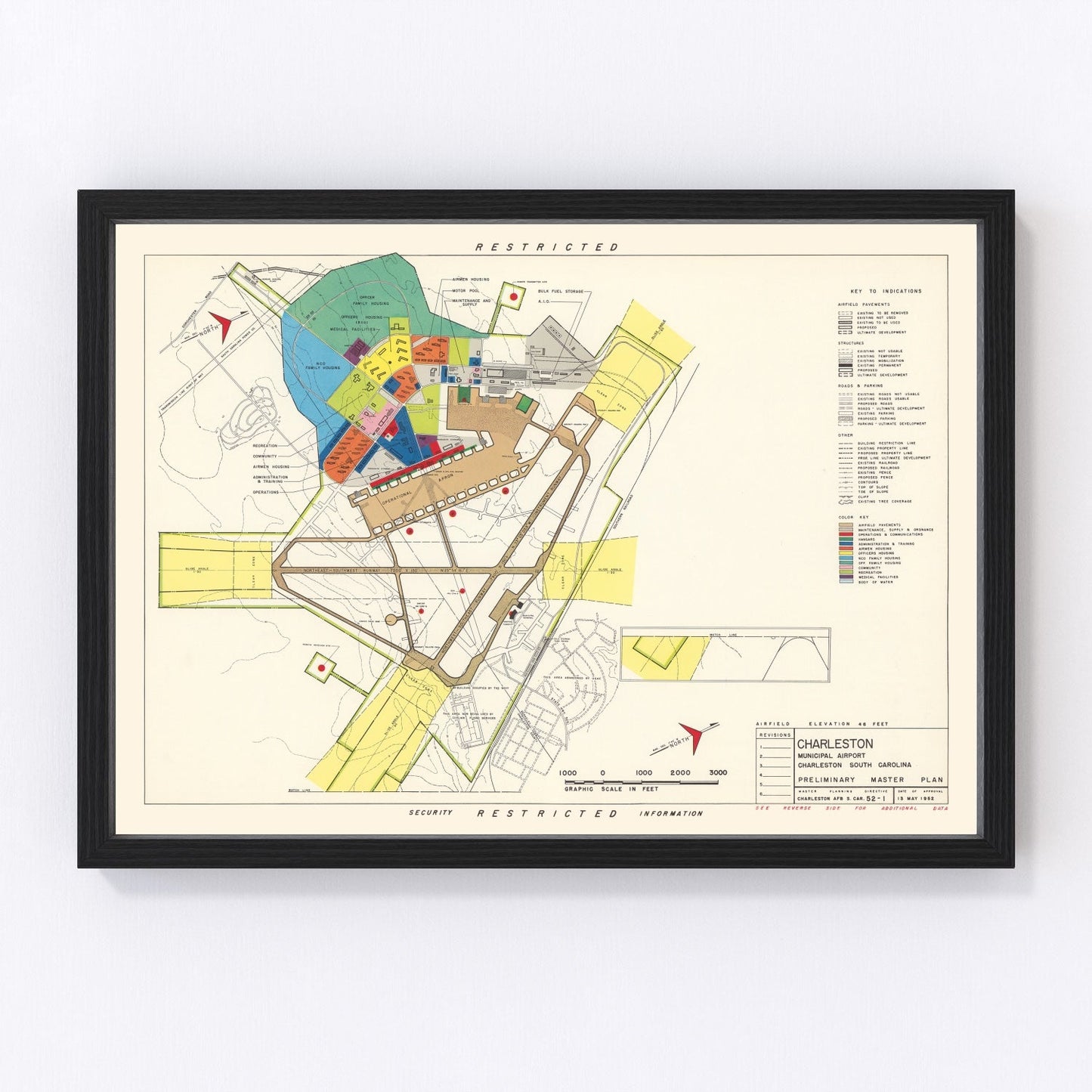 Vintage map of Charleston Municipal Airport, South Carolina, 1952, digitally restored antique cartographic print