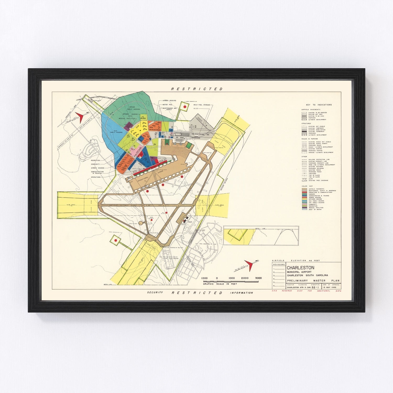 Vintage map of Charleston Municipal Airport, South Carolina, 1952, digitally restored antique cartographic print