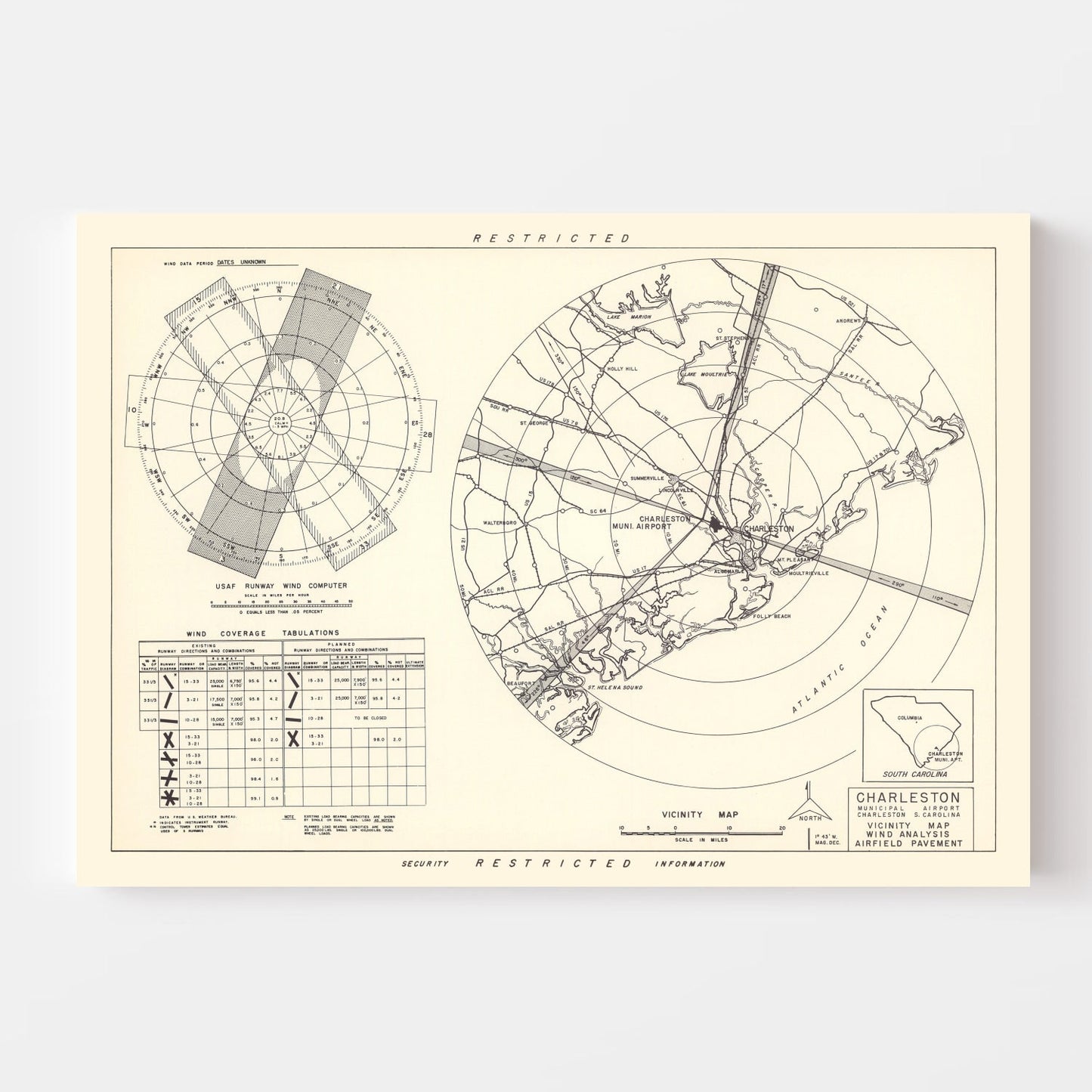 Vintage Map of Charleston Municipal Airport Vicinity, 1952
