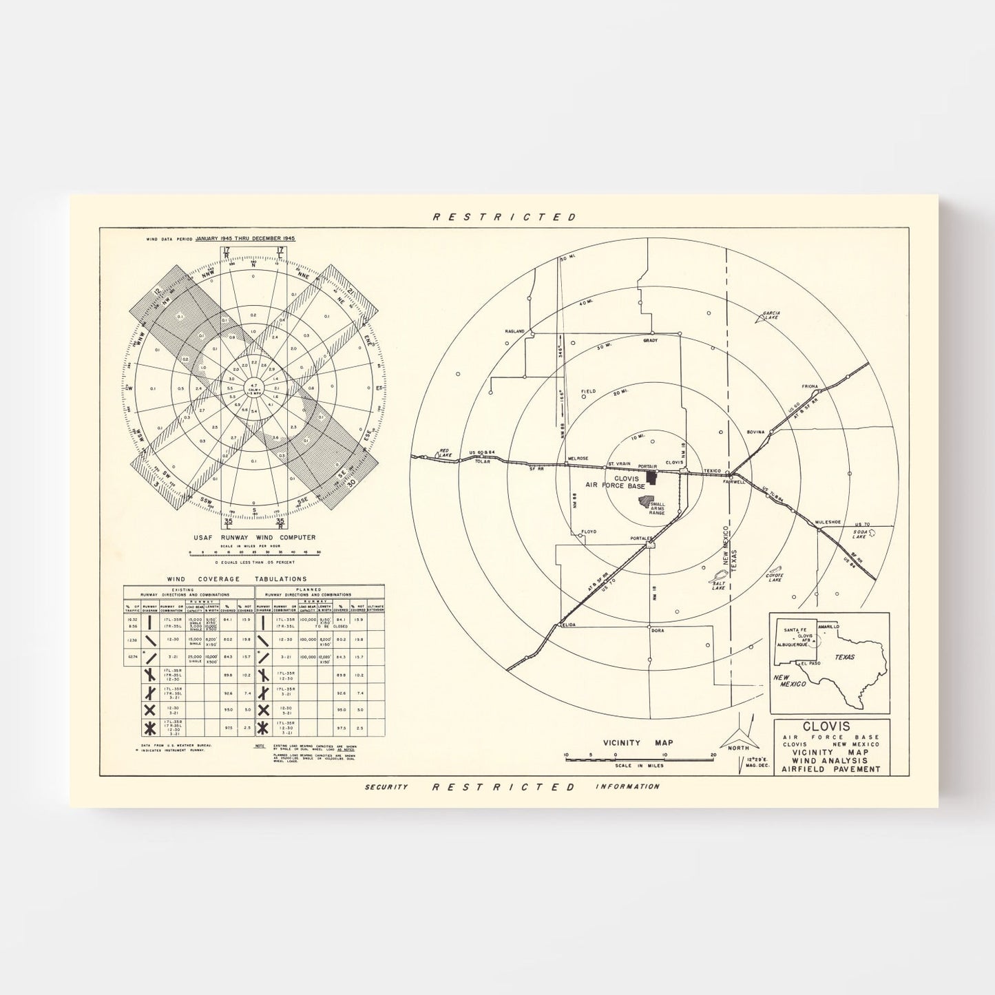 Vintage Map of Clovis Air Force Base Vicinity, New Mexico 1952