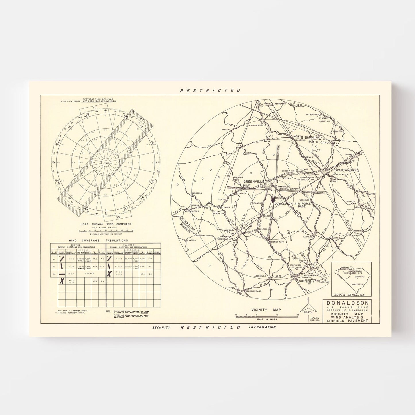 Vintage Map of Donaldson Air Force Base Vicinity, South Carolina 1952