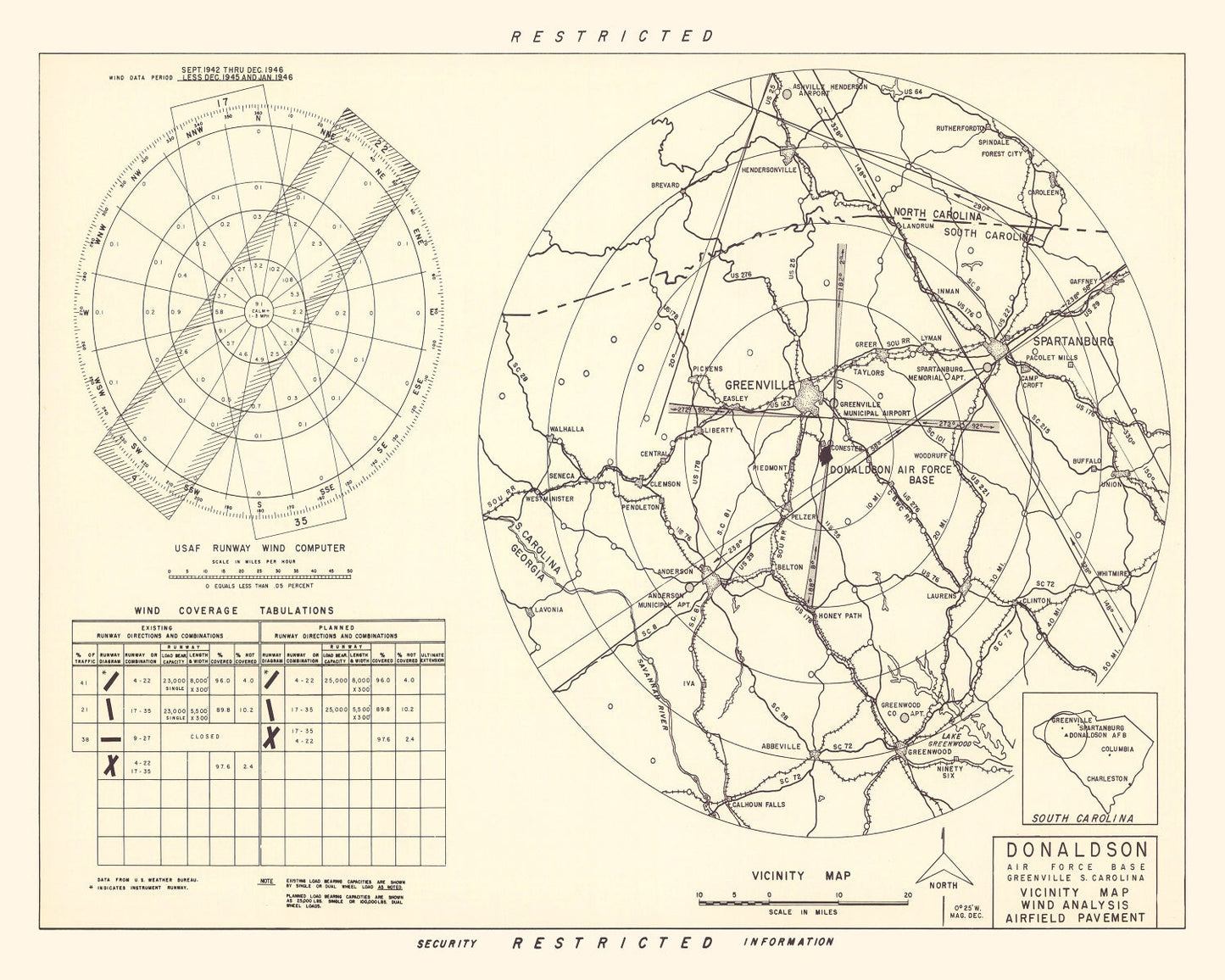 Vintage Map of Donaldson Air Force Base Vicinity, South Carolina 1952