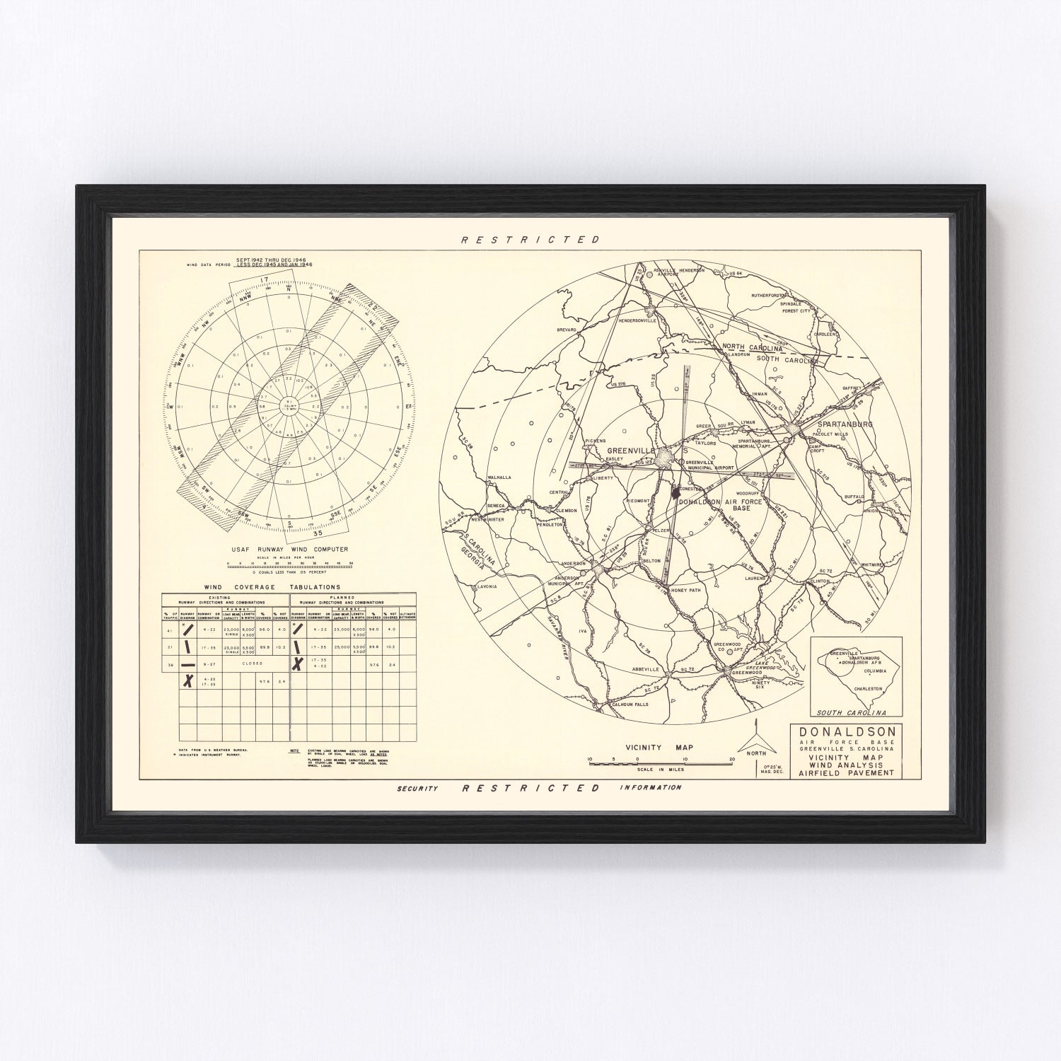 vintage map of Donaldson Air Force Base vicinity, South Carolina, 1952