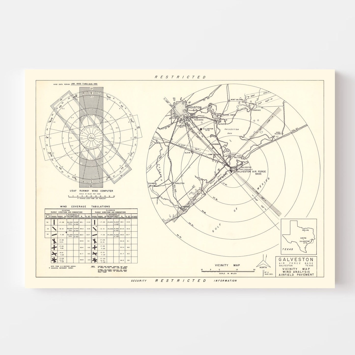 Vintage Map of Galveston Air Force Base Vicinity, Texas, 1952