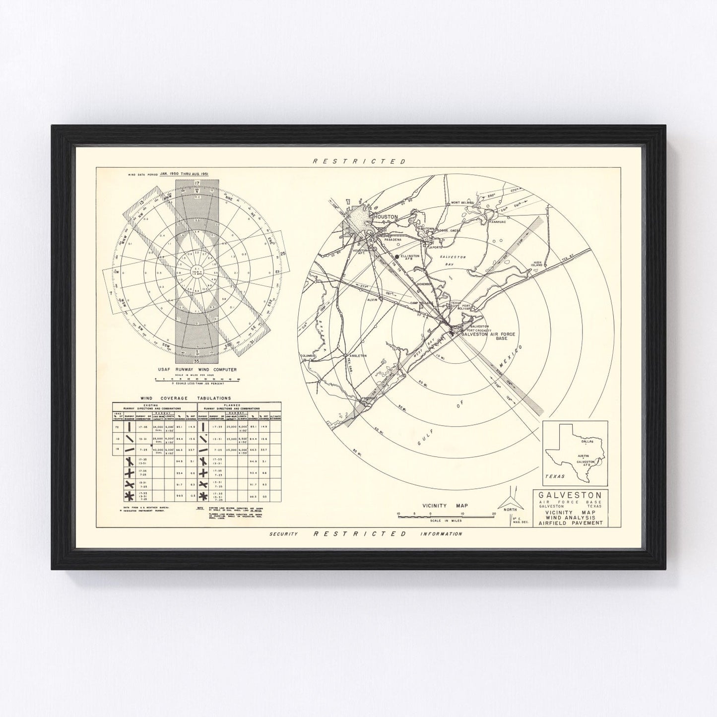 vintage map of Galveston Air Force Base, Gulf Coast, Texas, 1952