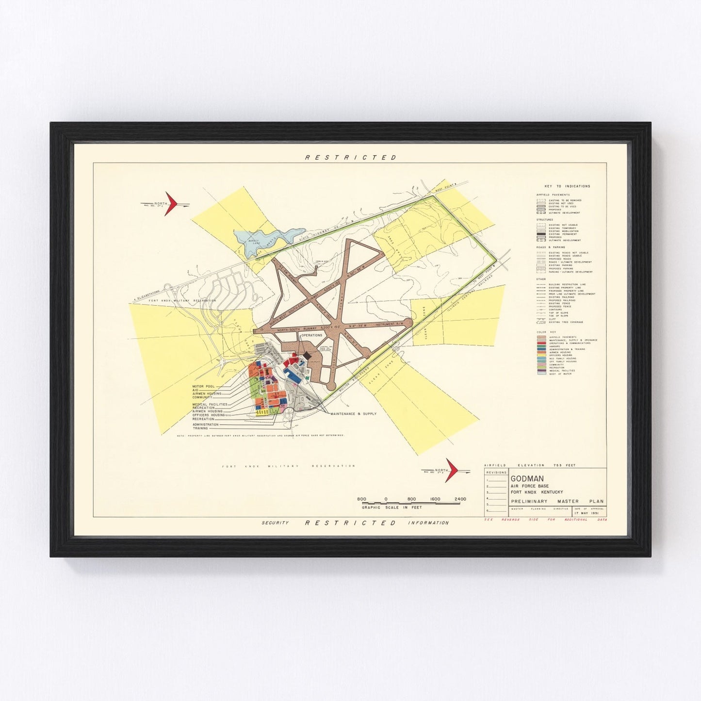 Vintage map of Godman Air Force Base, Fort Knox, Kentucky, 1951