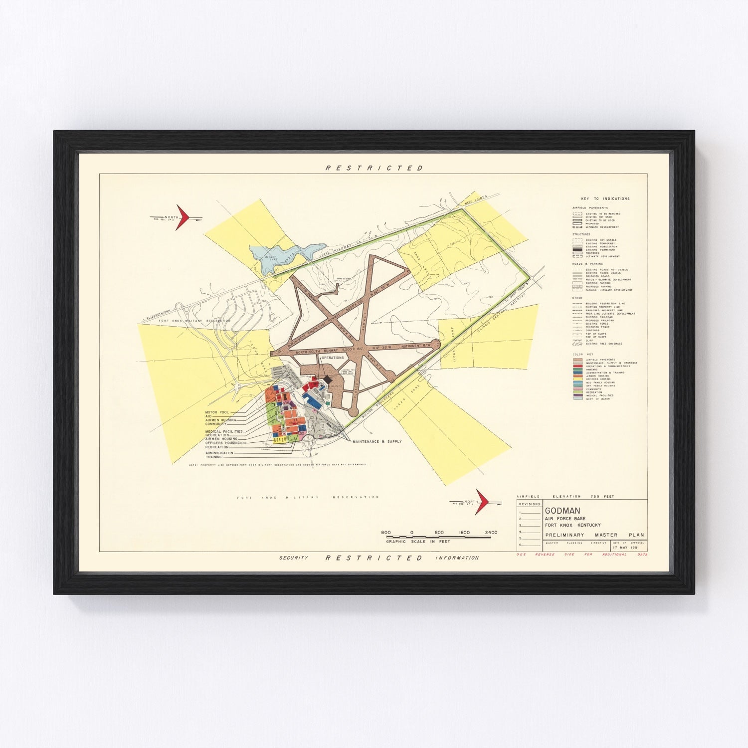 Vintage map of Godman Air Force Base, Fort Knox, Kentucky, 1951