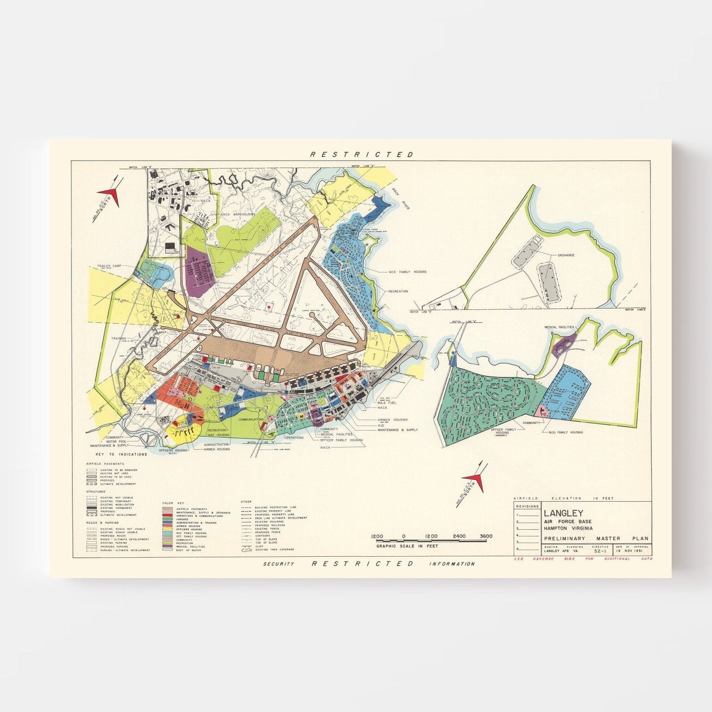 Vintage Map of Langley Air Force Base, Virginia, 1951