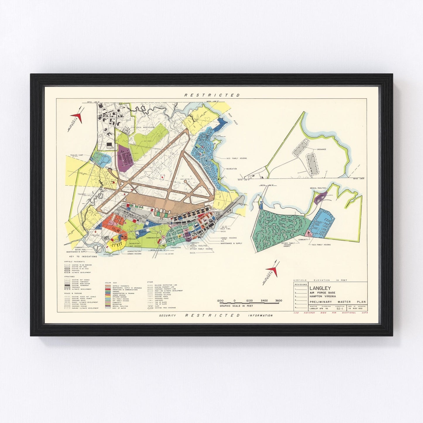 Vintage map of Hampton, Virginia, home of Langley AFB, 1951
