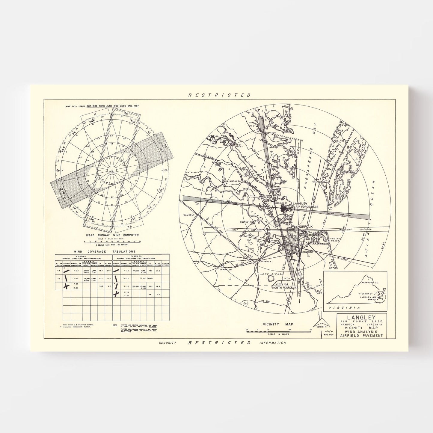 Vintage Map of Langley Air Force Base Vicinity, Virginia, 1951