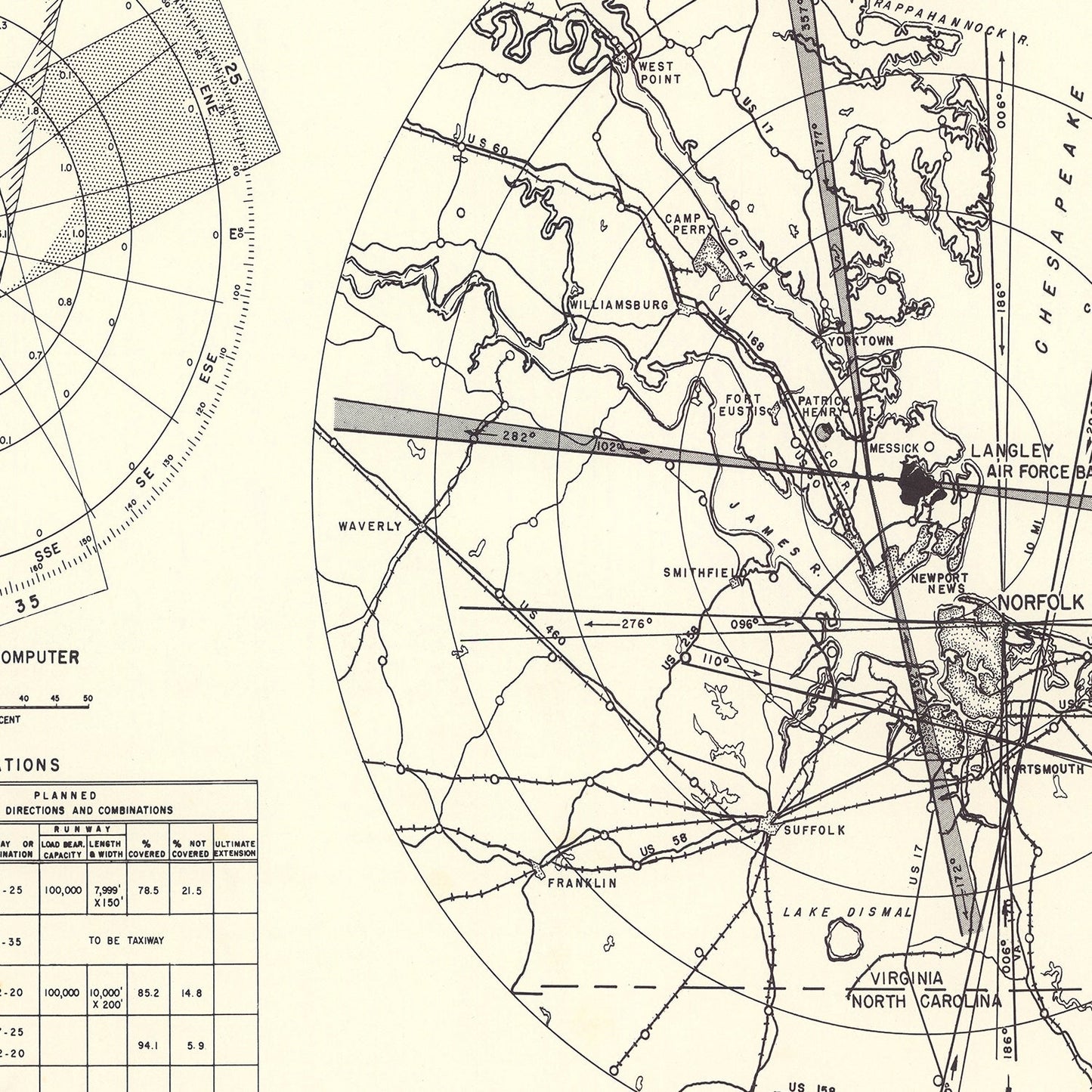 Vintage Map of Langley Air Force Base Vicinity, Virginia, 1951