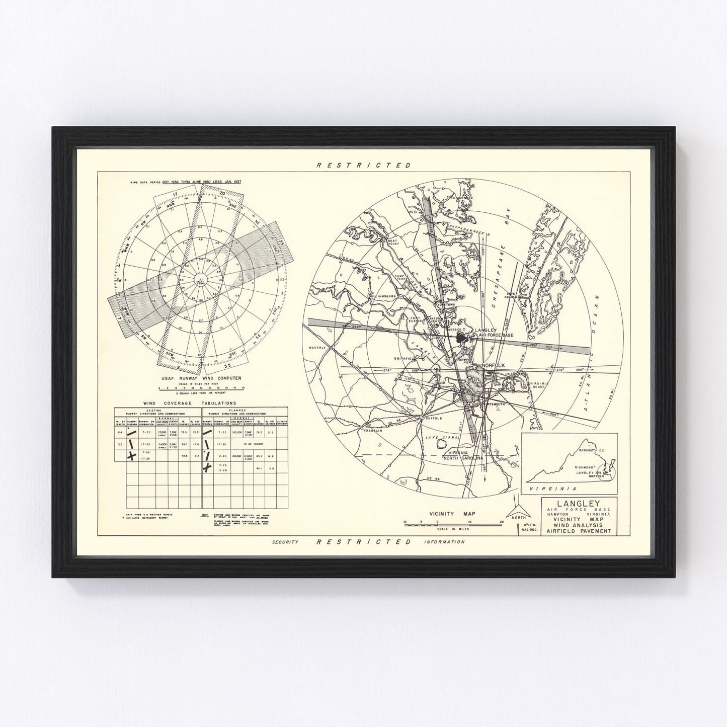 vintage map of Langley Air Force Base vicinity, Hampton, Virginia, 1951