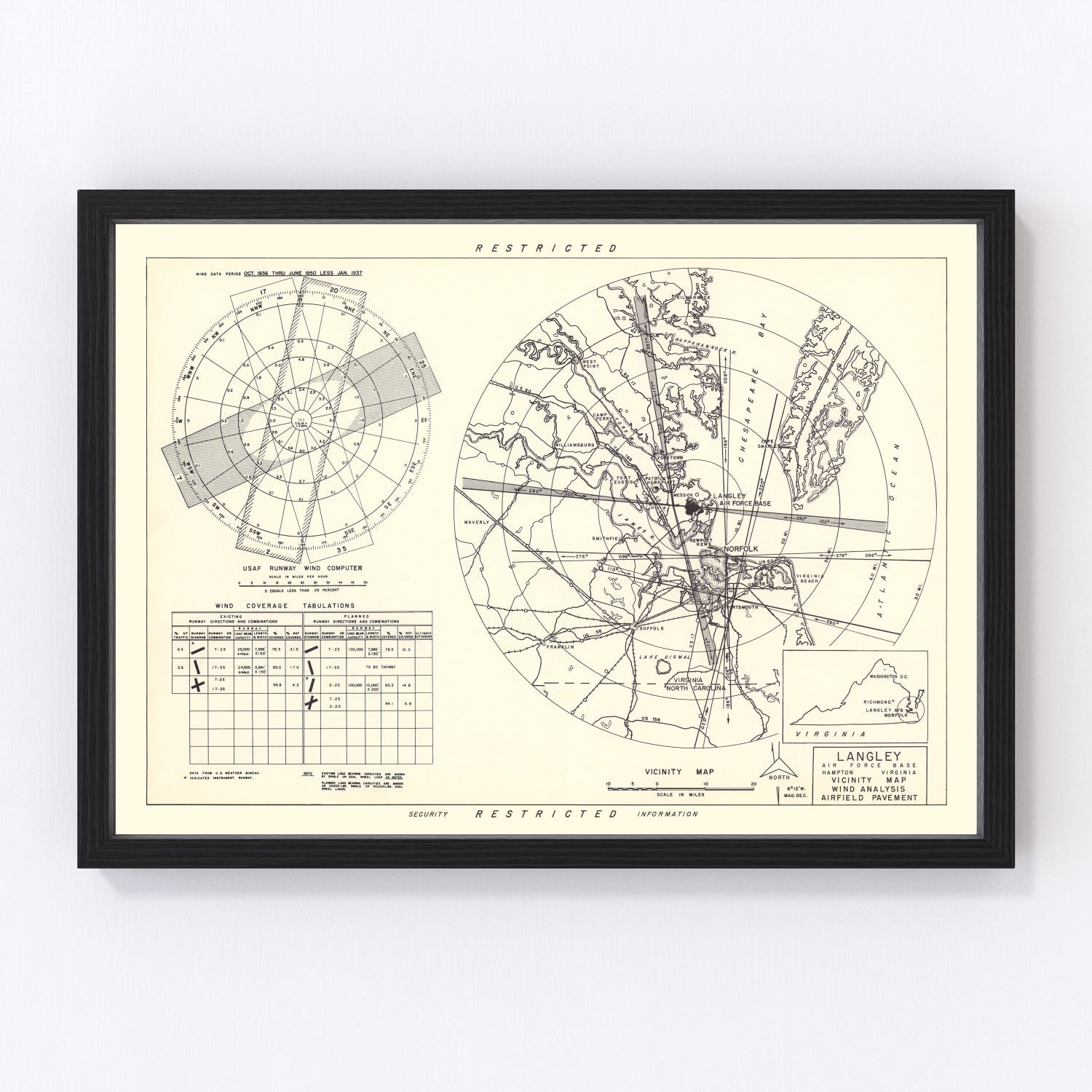 vintage map of Langley Air Force Base vicinity, Hampton, Virginia, 1951