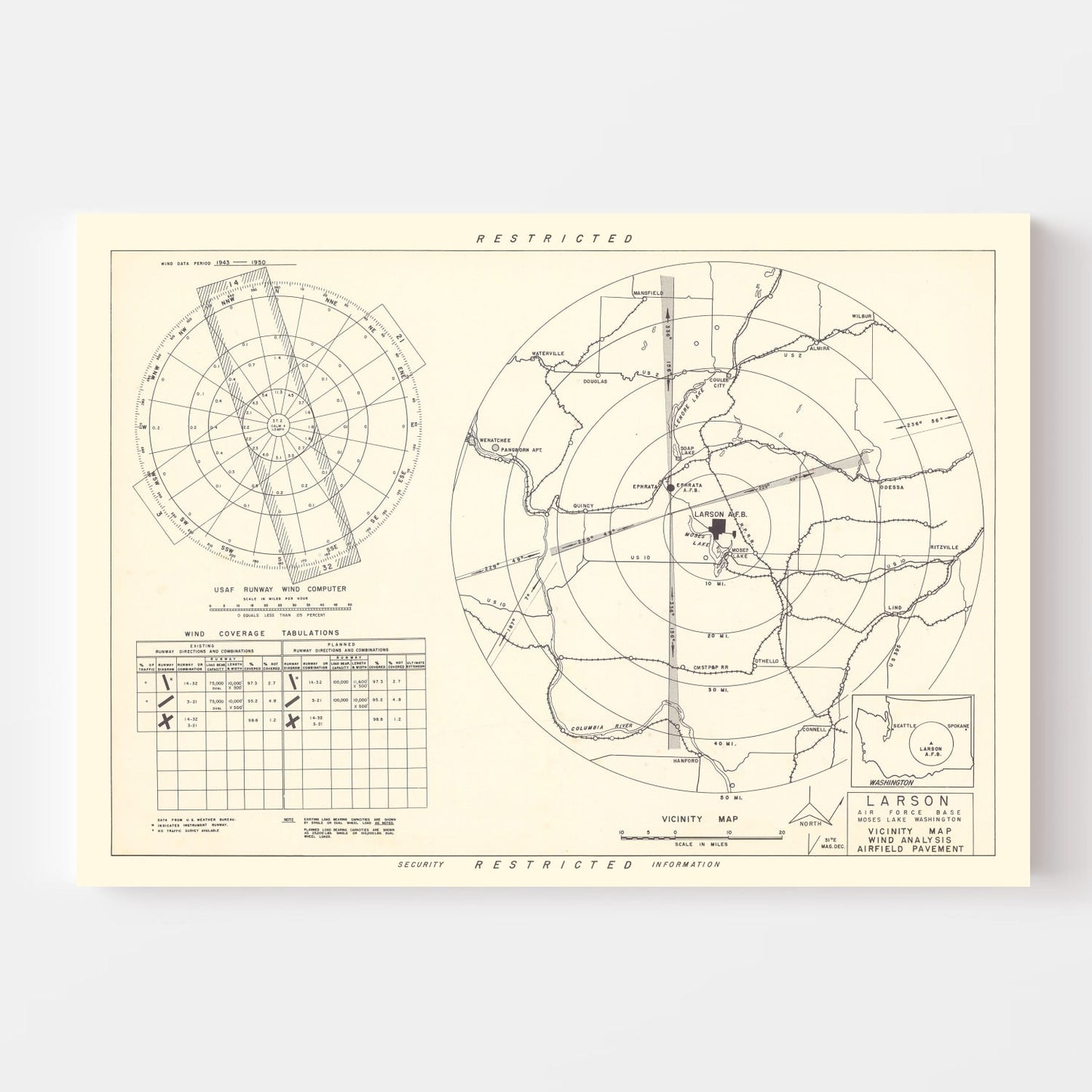 Vintage Map of Larson Air Force Base Vicinity, Washington, 1951