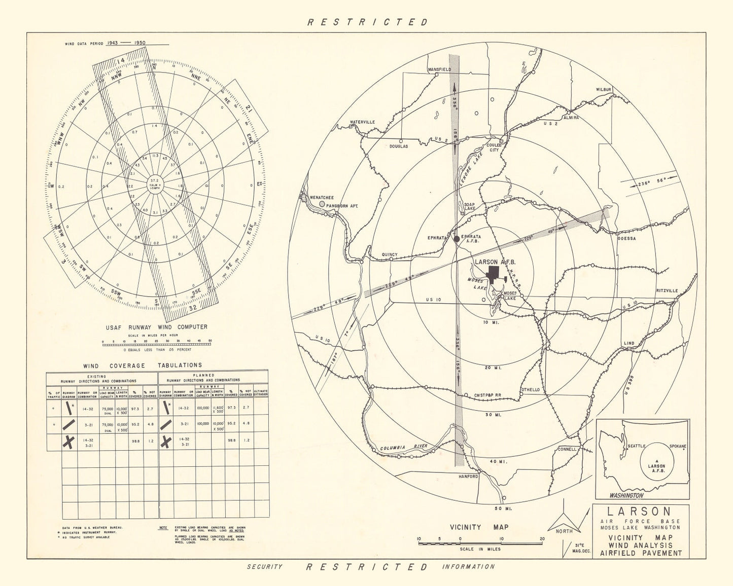 Vintage Map of Larson Air Force Base Vicinity, Washington, 1951