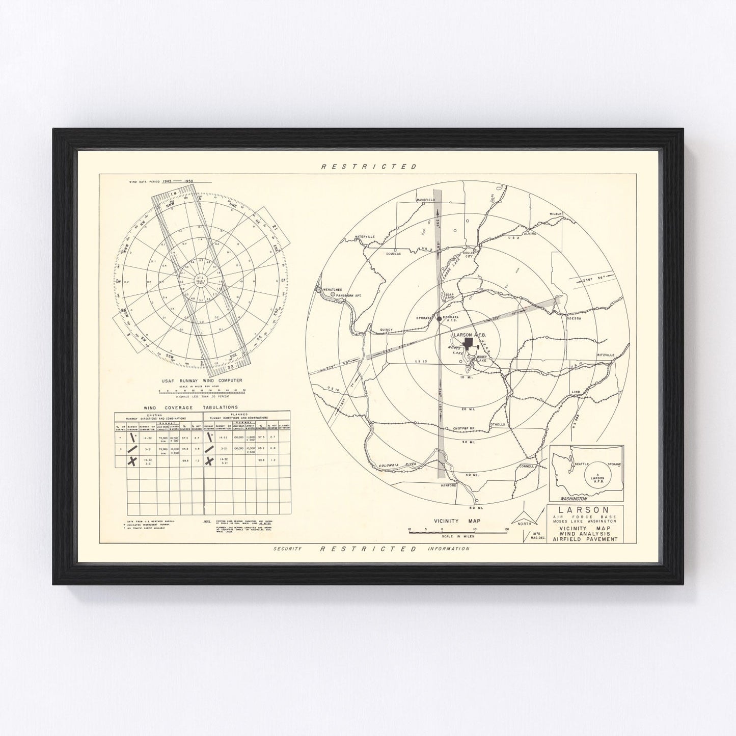 vintage map of Larson Air Force Base vicinity, Moses Lake, Washington, 1951