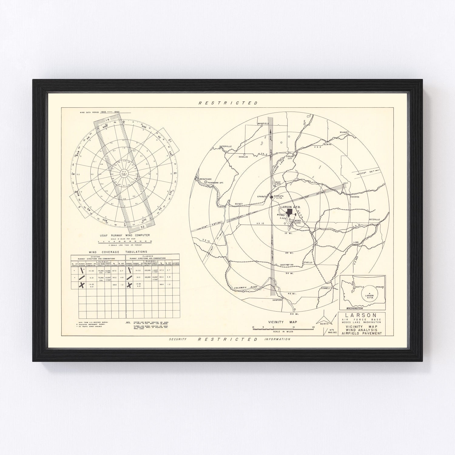 vintage map of Larson Air Force Base vicinity, Moses Lake, Washington, 1951