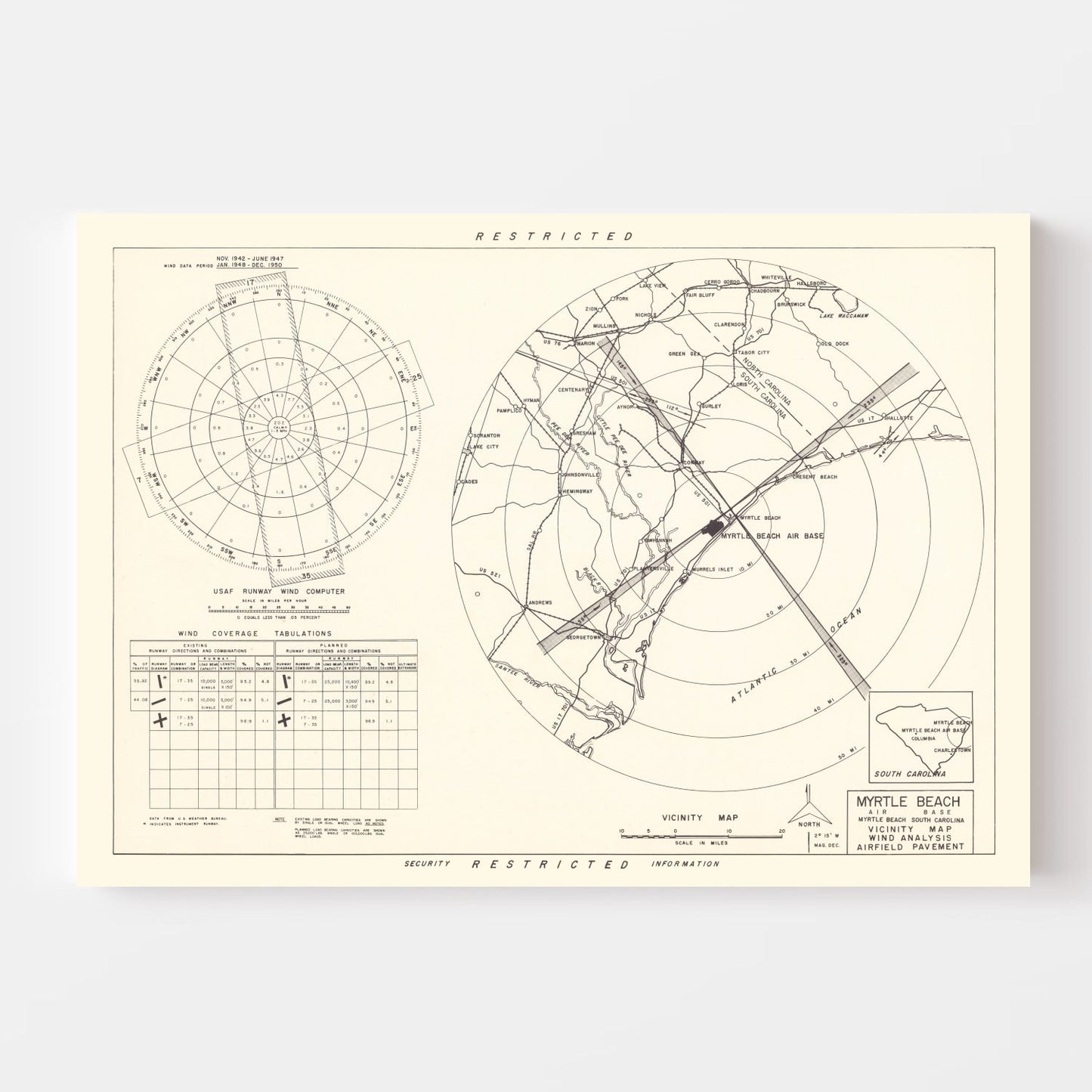 Vintage Map of Myrtle Beach Air Base Vicinity, South Carolina, 1952