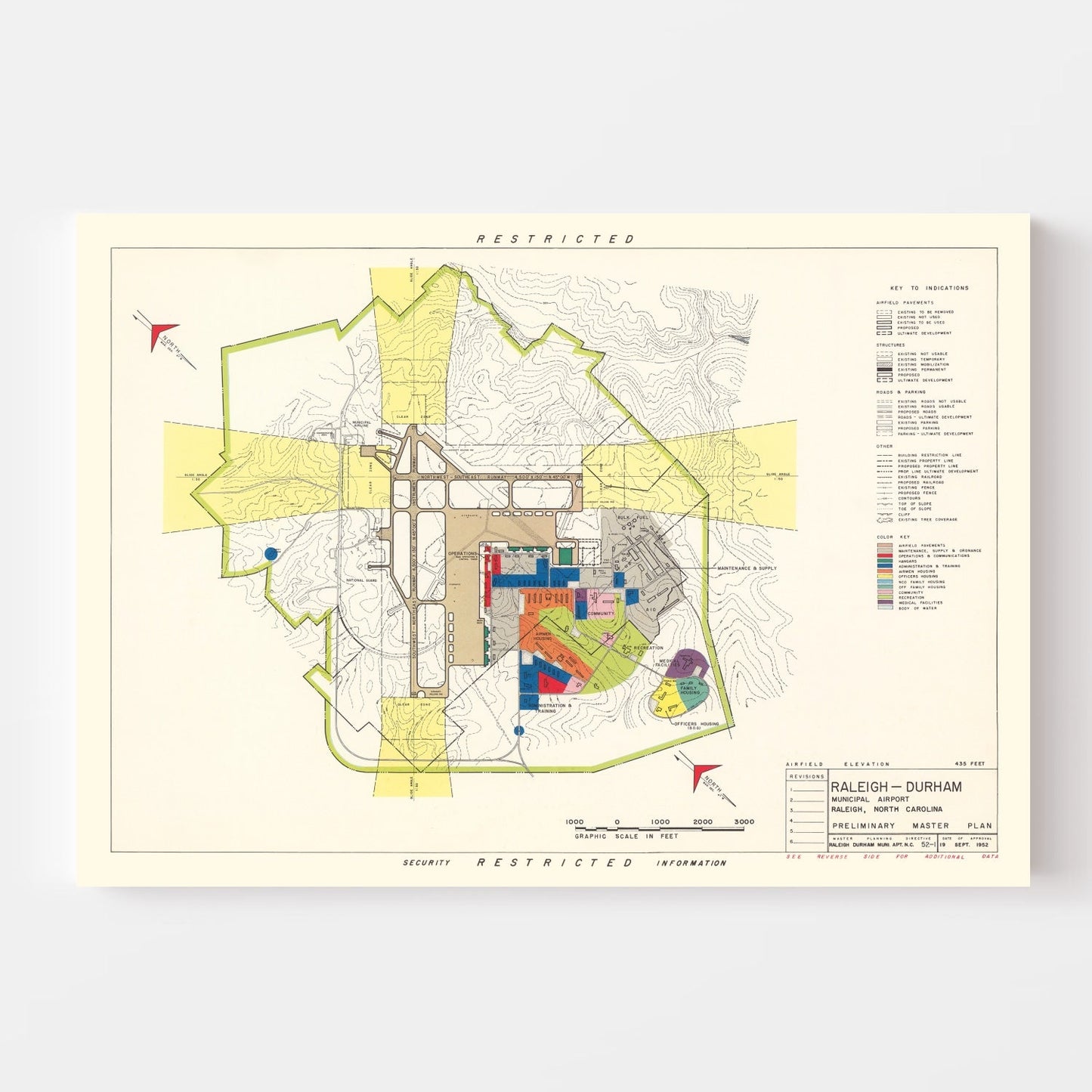 Vintage Map of Raleigh-Durham Municipal Airport, North Carolina, 1952