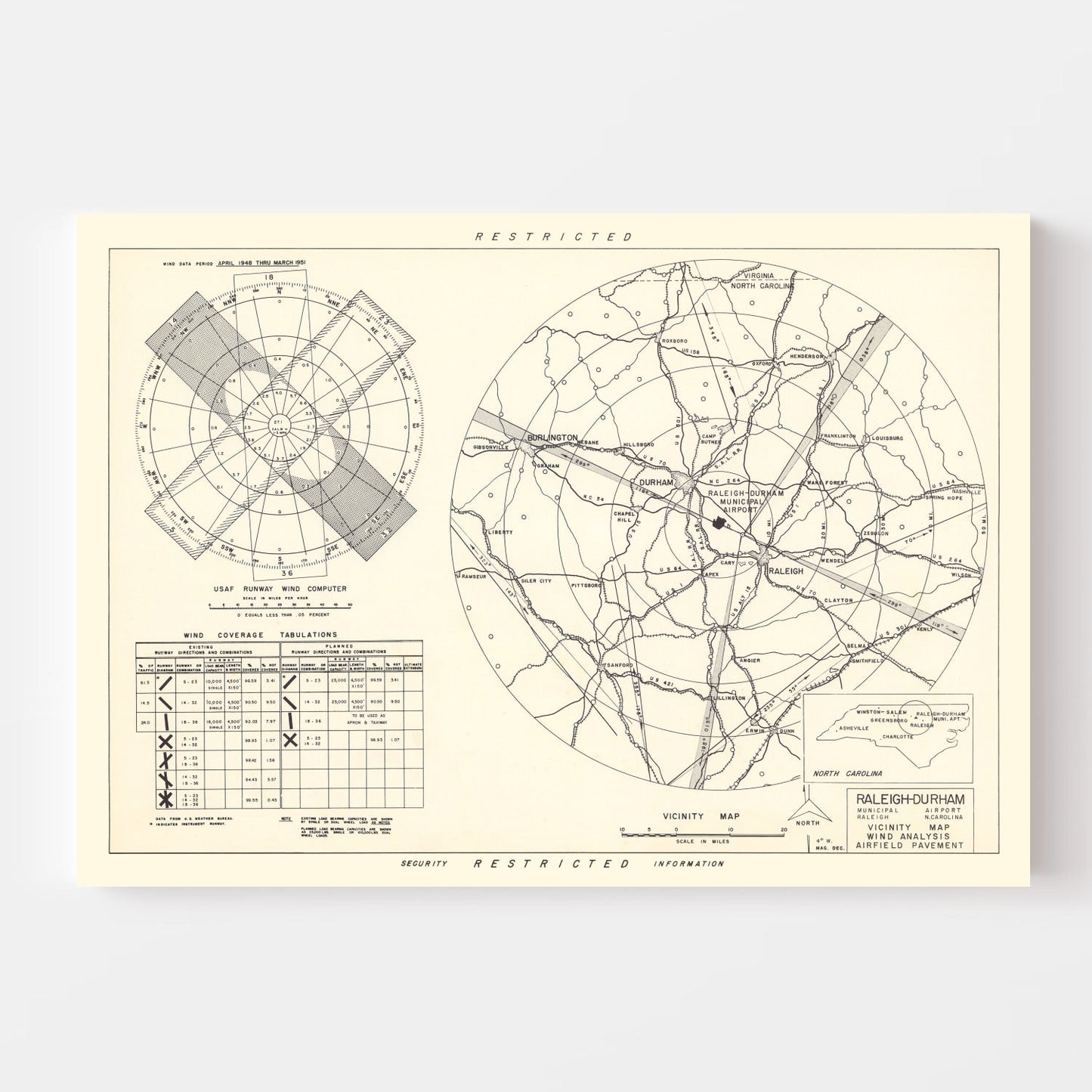 Vintage Map of Raleigh-Durham Municipal Airport, North Carolina, 1952