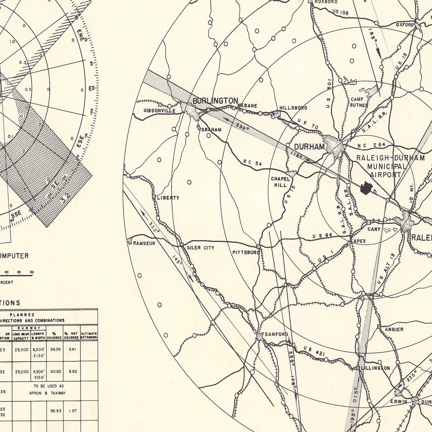 Vintage Map of Raleigh-Durham Municipal Airport, North Carolina, 1952