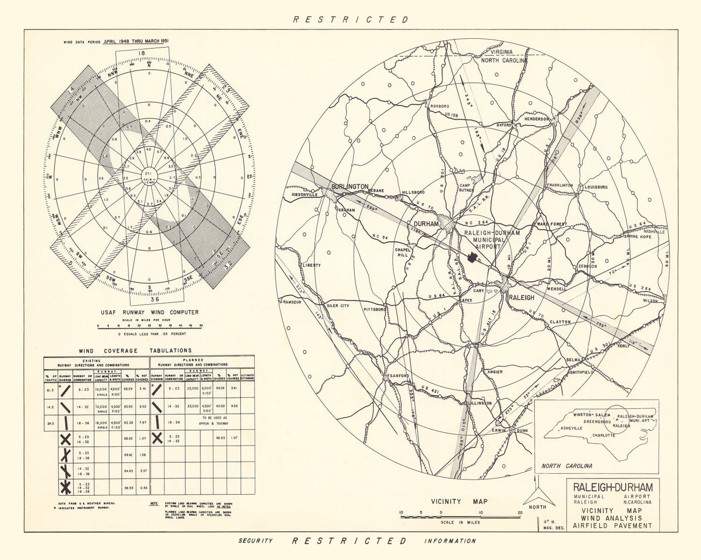 Vintage Map of Raleigh-Durham Municipal Airport, North Carolina, 1952