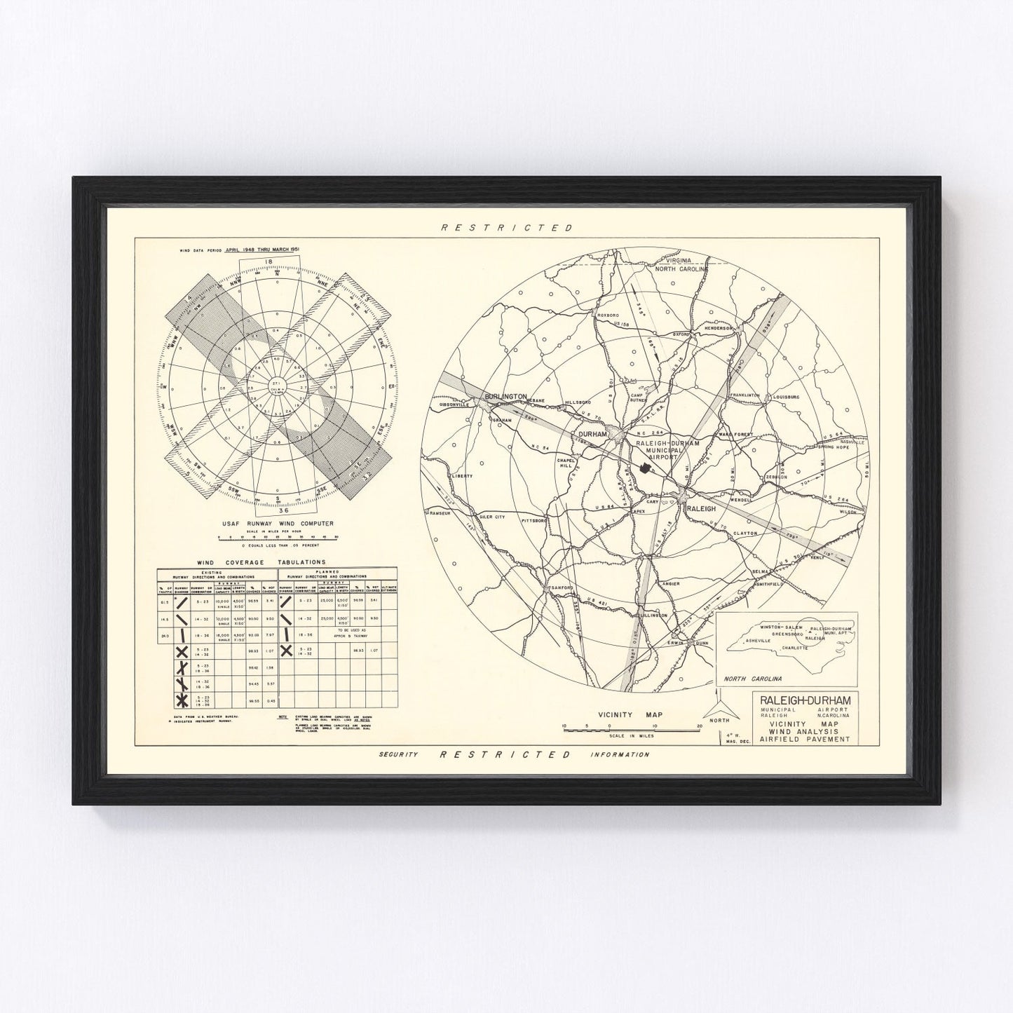 vintage map of Raleigh-Durham Municipal Airport vicinity, North Carolina, 1952