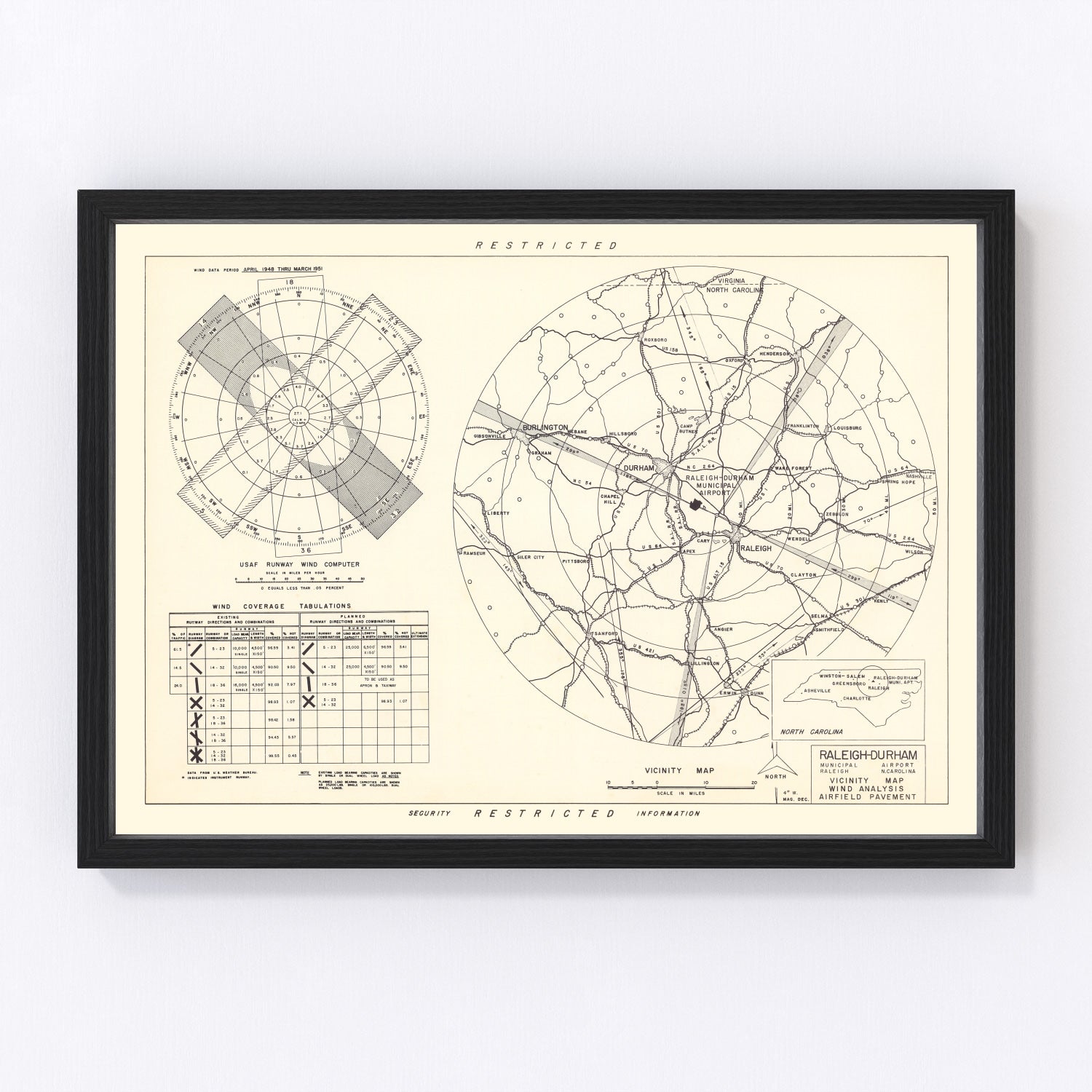 vintage map of Raleigh-Durham Municipal Airport vicinity, North Carolina, 1952
