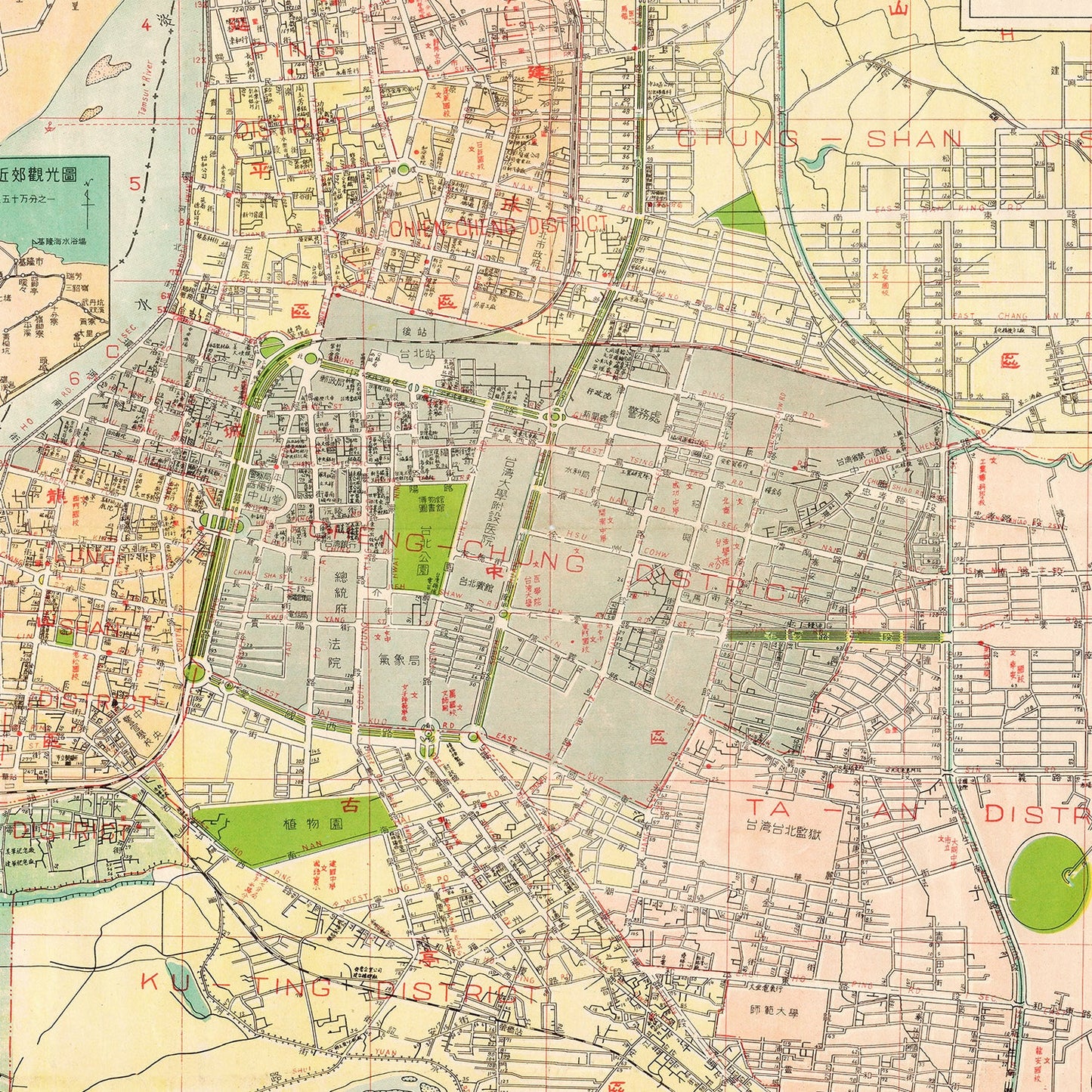 Vintage Map of Taipei, Taiwan, 1957