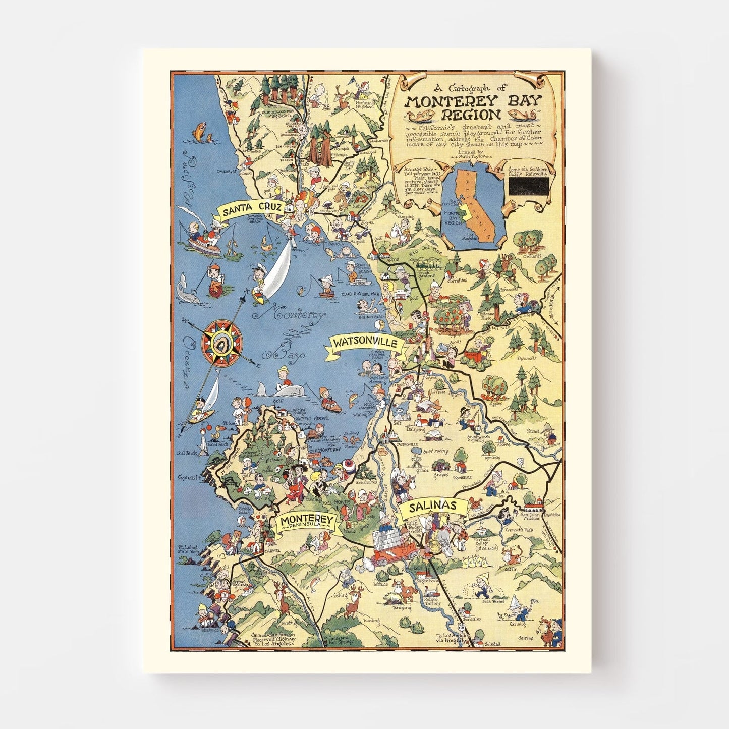 Vintage Map of Monterey County, California, 1932