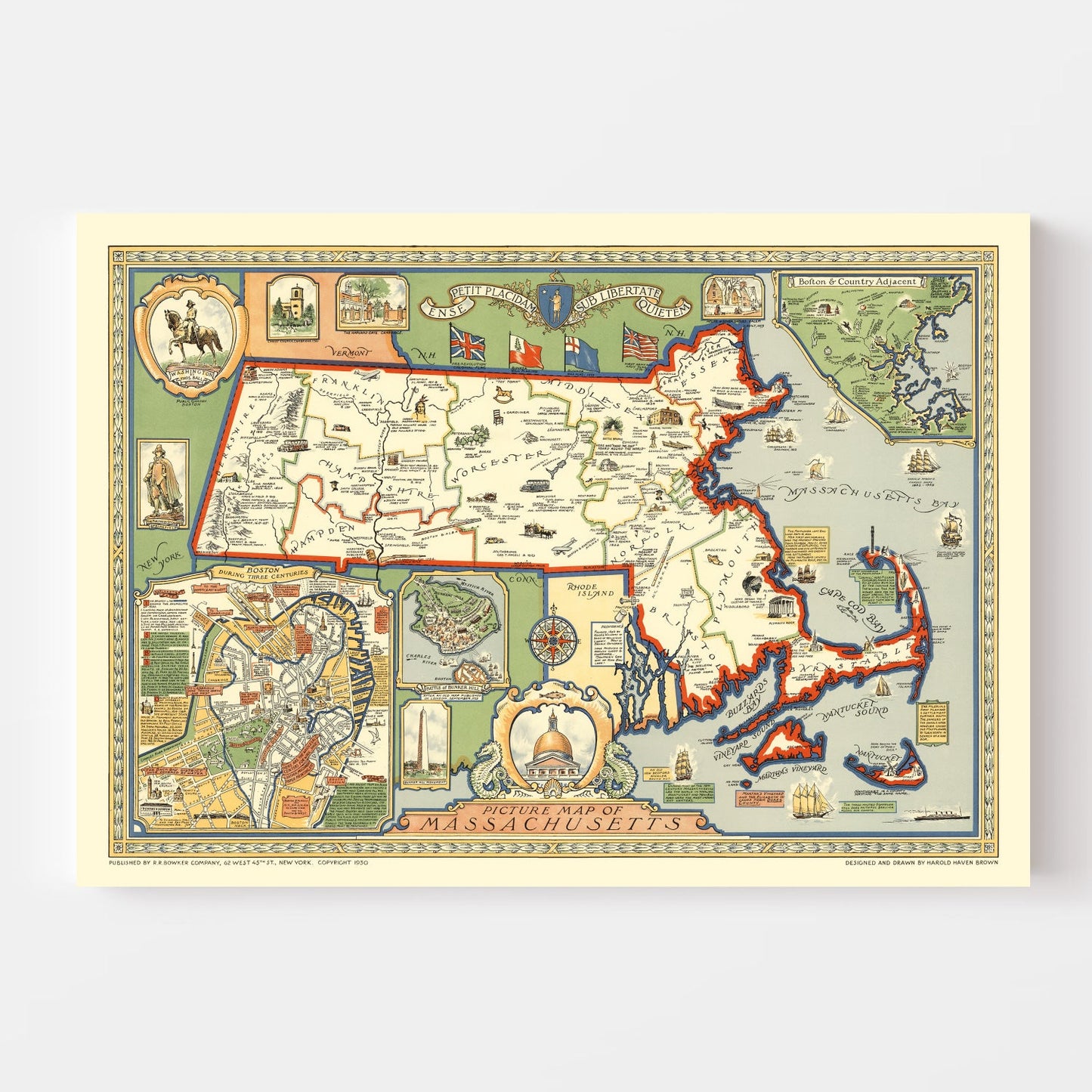 Vintage Map of Massachusetts, 1930 Historic