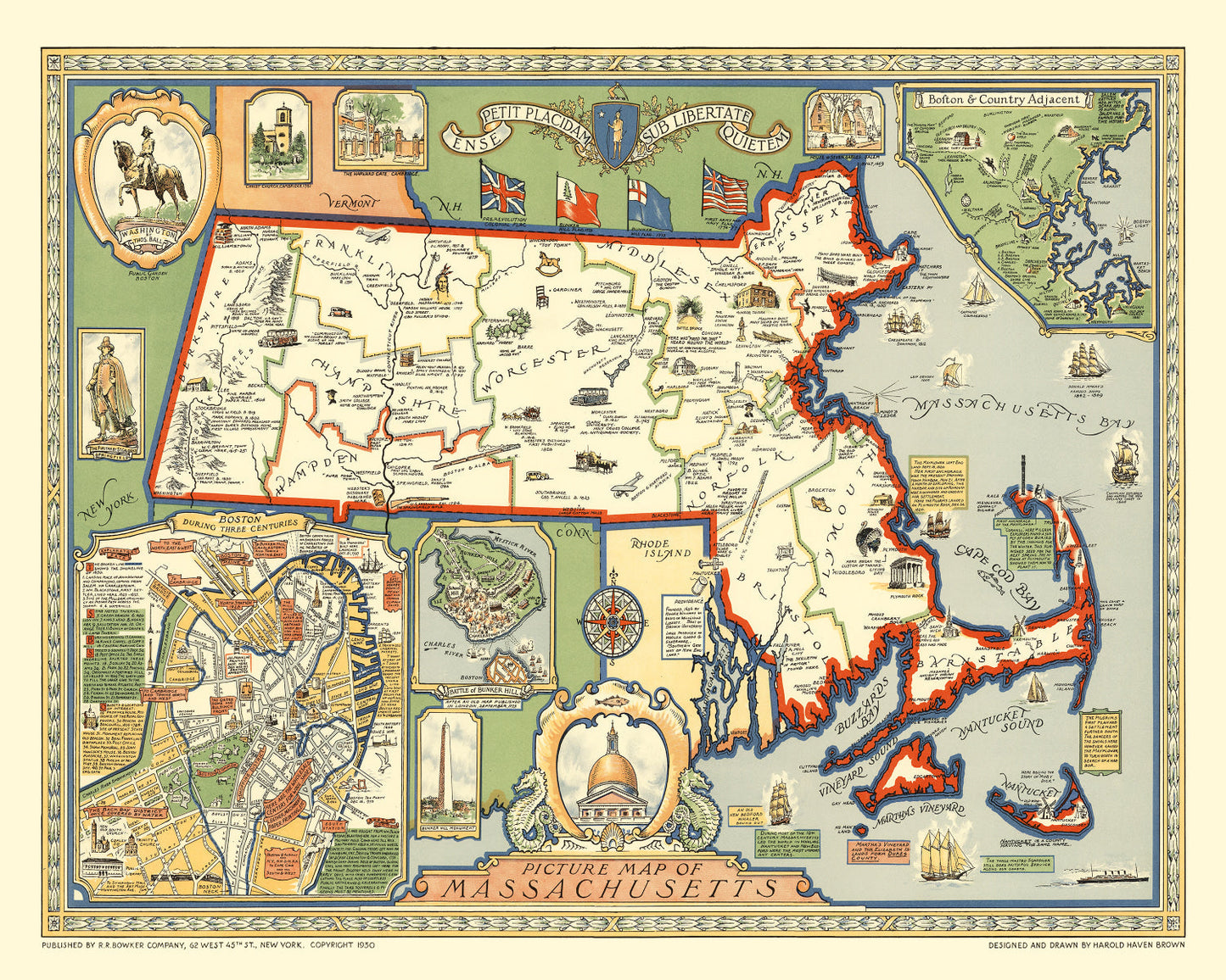 Vintage Map of Massachusetts, 1930 Historic
