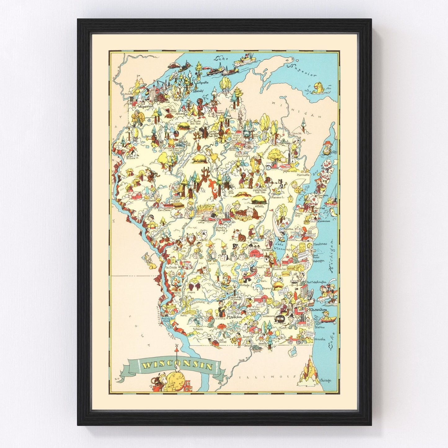 Vintage map of Wisconsin state, 1935, Depression era restored