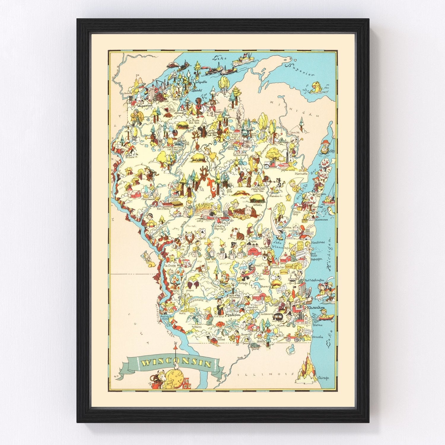 Vintage map of Wisconsin state, 1935, Depression era restored