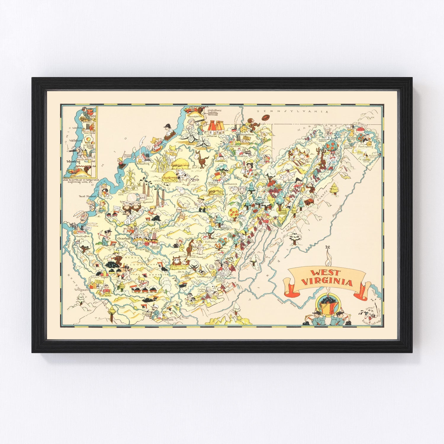 Vintage map of West Virginia, 1935 - Mountain State restored cartographic print