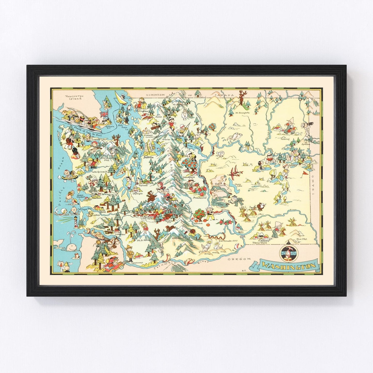 Vintage map of Washington State, 1935, showing Depression-era Pacific Northwest and Columbia River