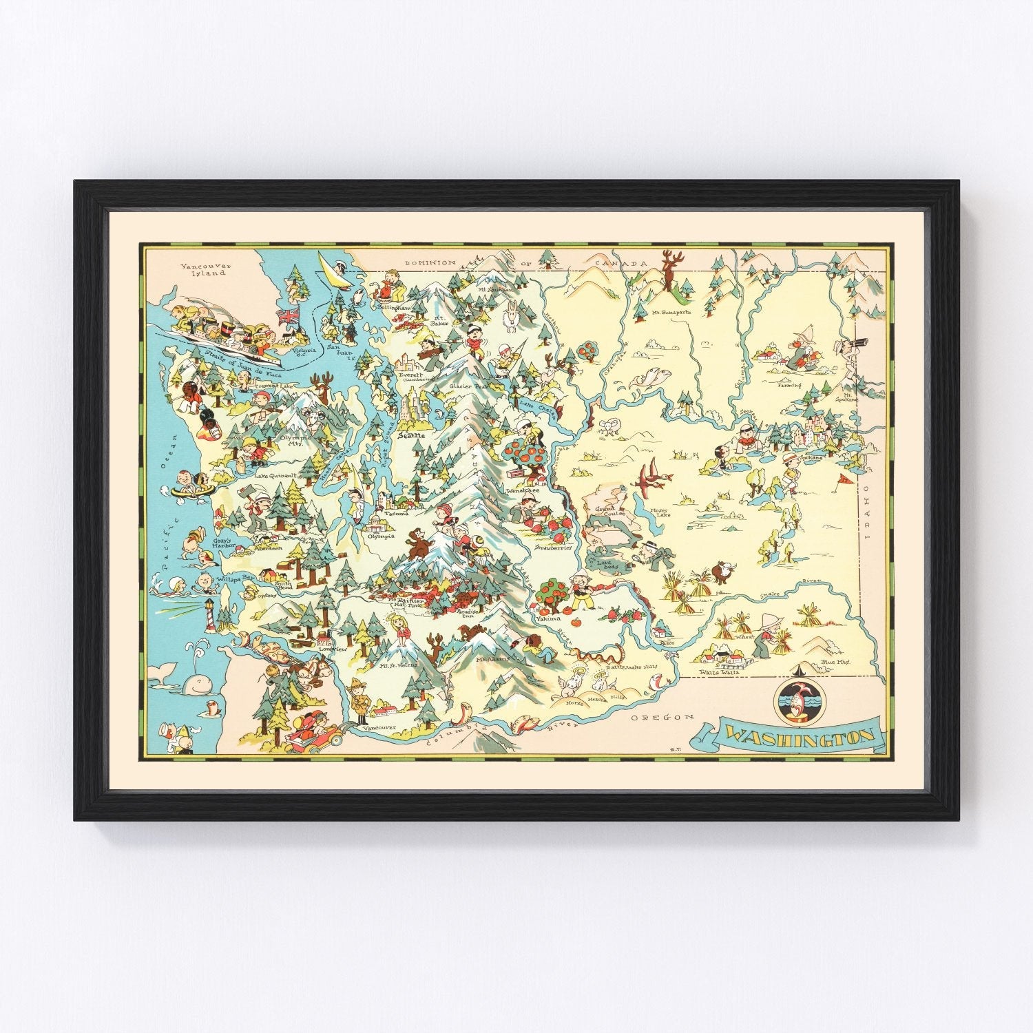 Vintage map of Washington State, 1935, showing Depression-era Pacific Northwest and Columbia River