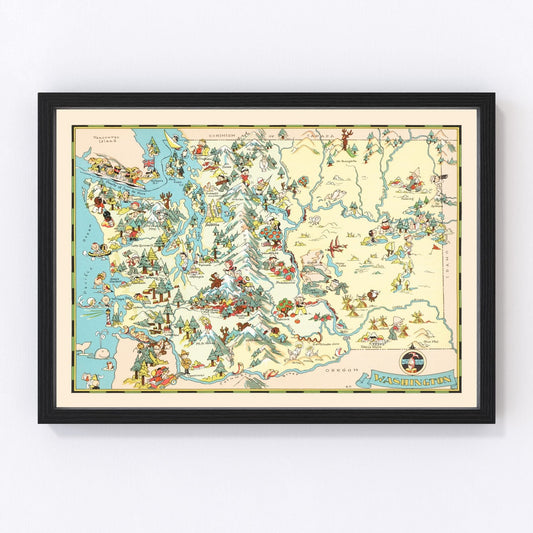 Vintage map of Washington State, 1935, showing Depression-era Pacific Northwest and Columbia River