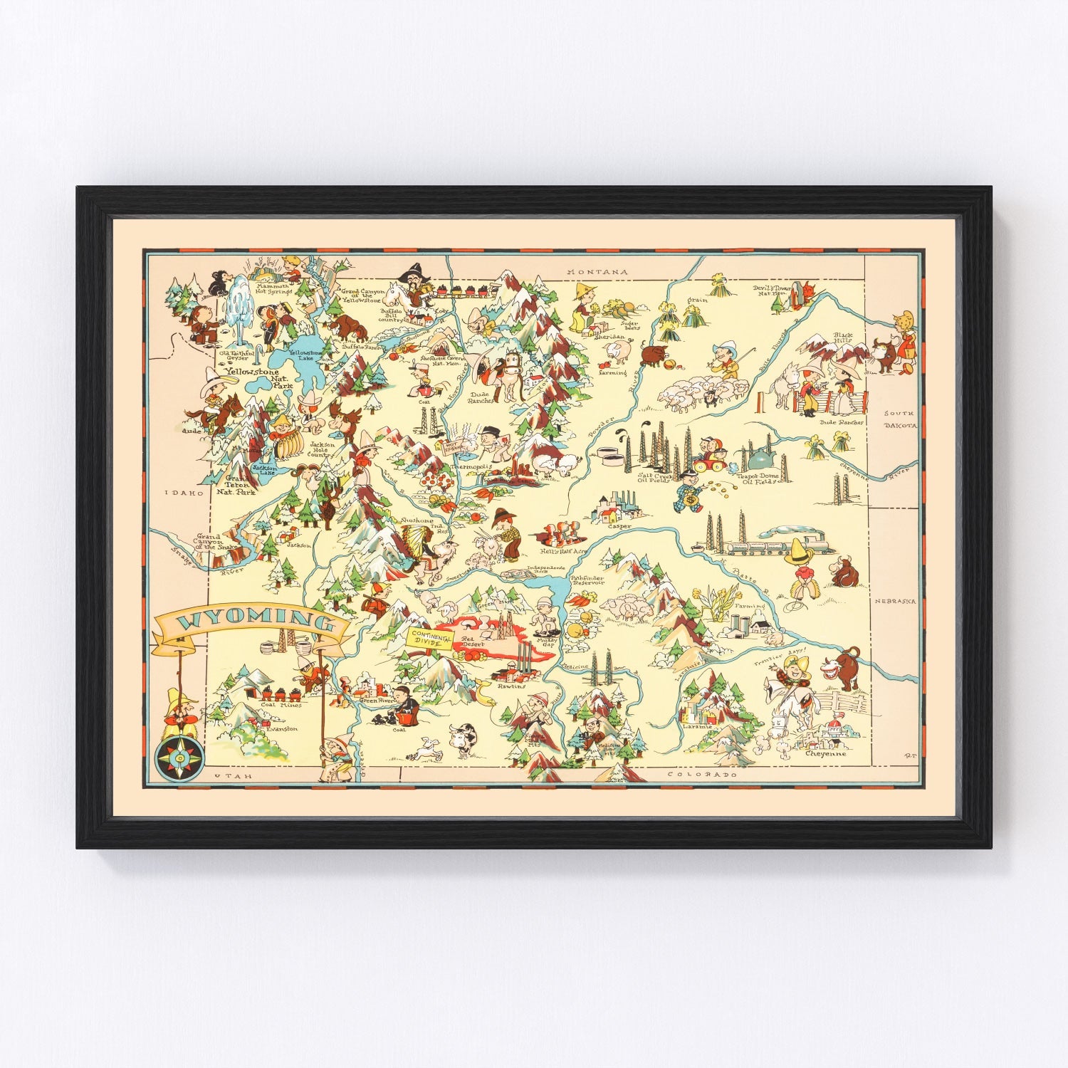 Vintage map of Wyoming state, 1935, digitally restored road map