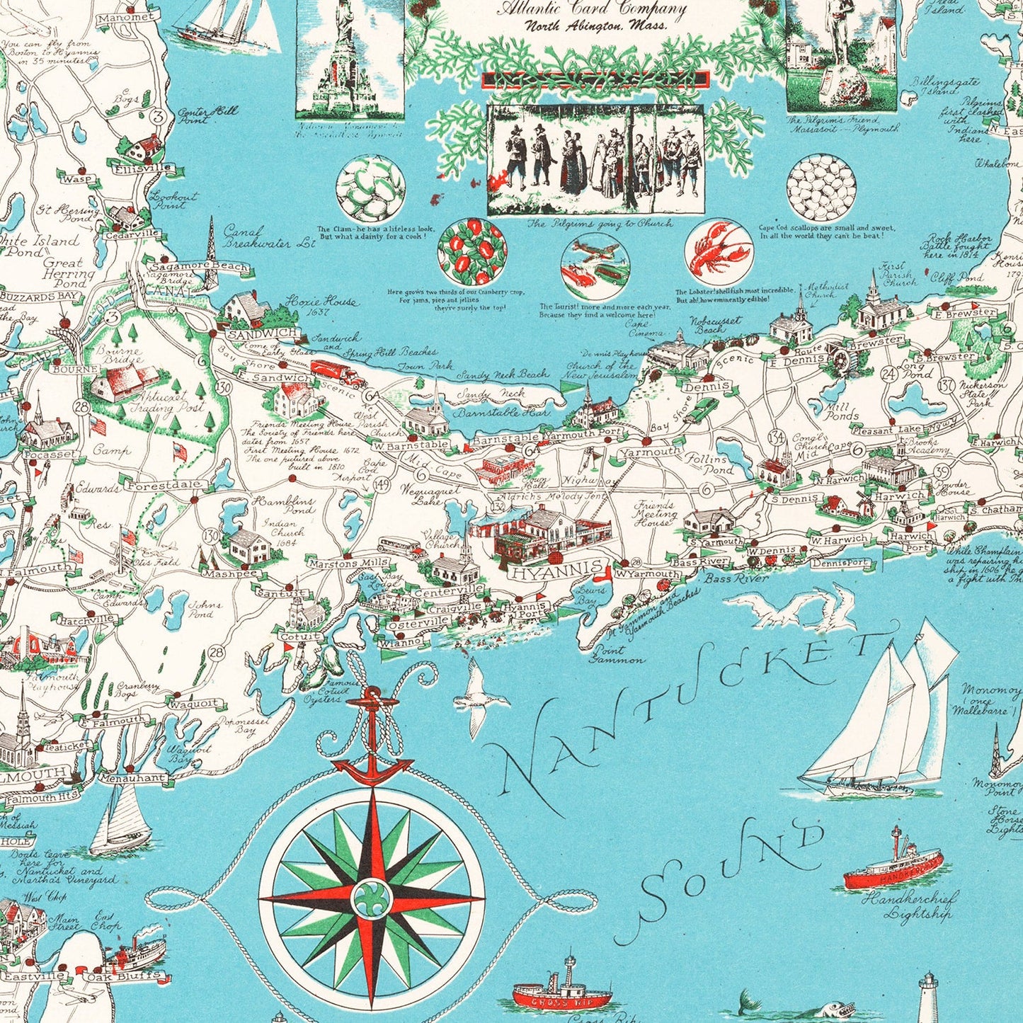 Vintage Map of Cape Cod, Massachusetts, 1955