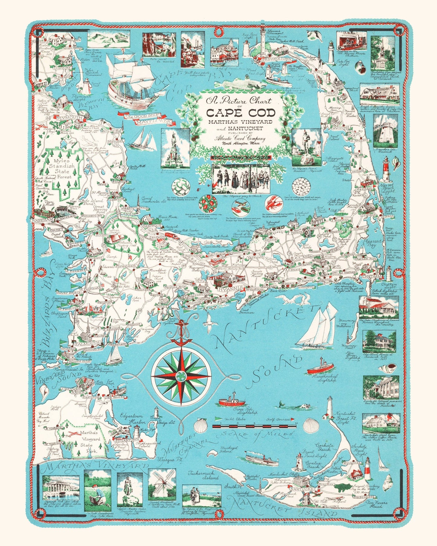 Vintage Map of Cape Cod, Massachusetts, 1955