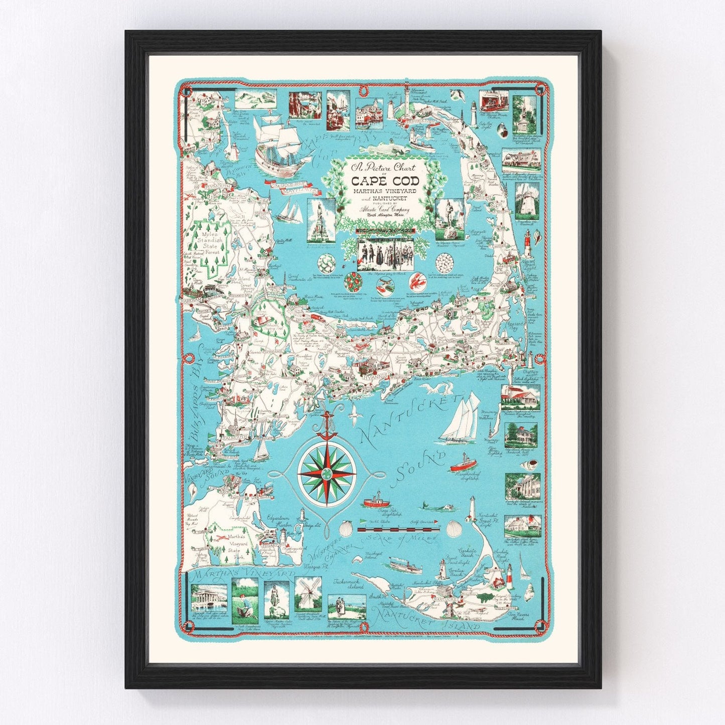 Vintage map of Cape Cod, Massachusetts, 1955, postwar beaches