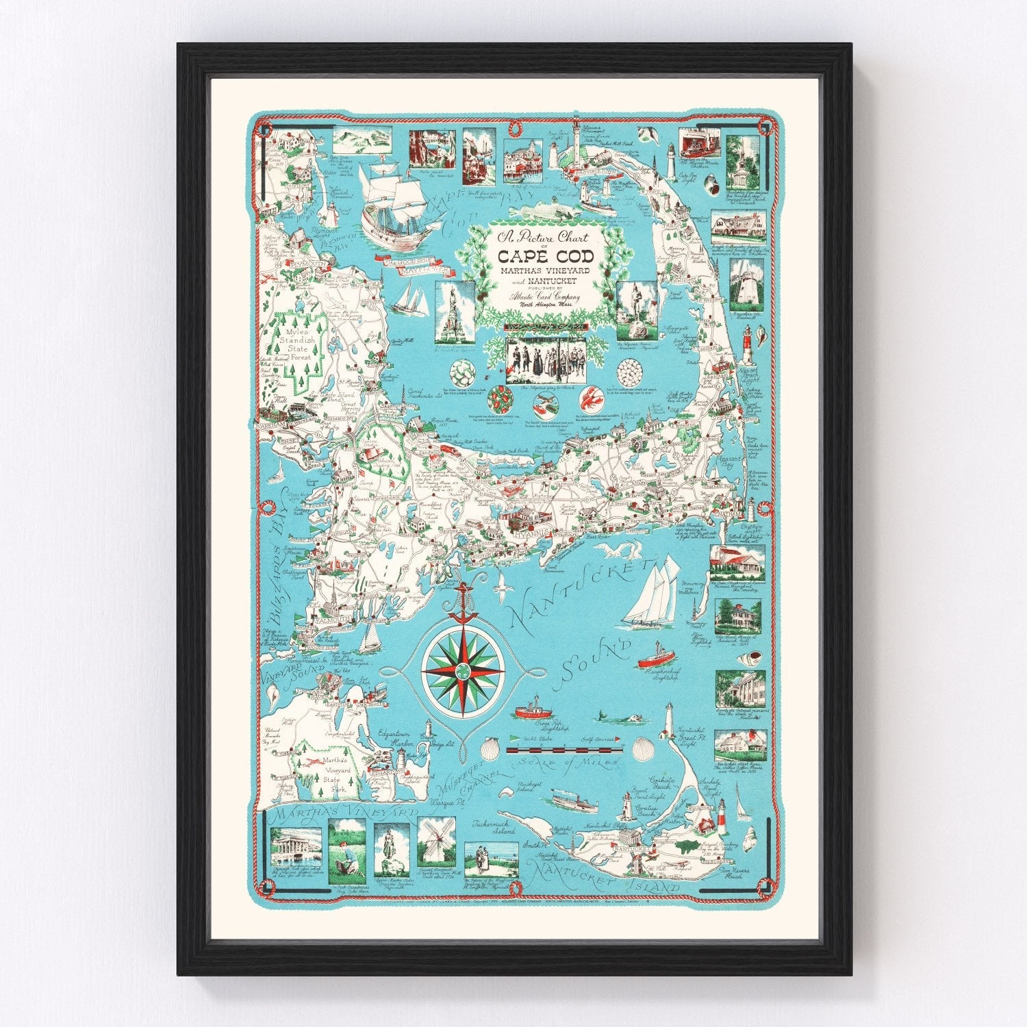 Vintage map of Cape Cod, Massachusetts, 1955, postwar beaches