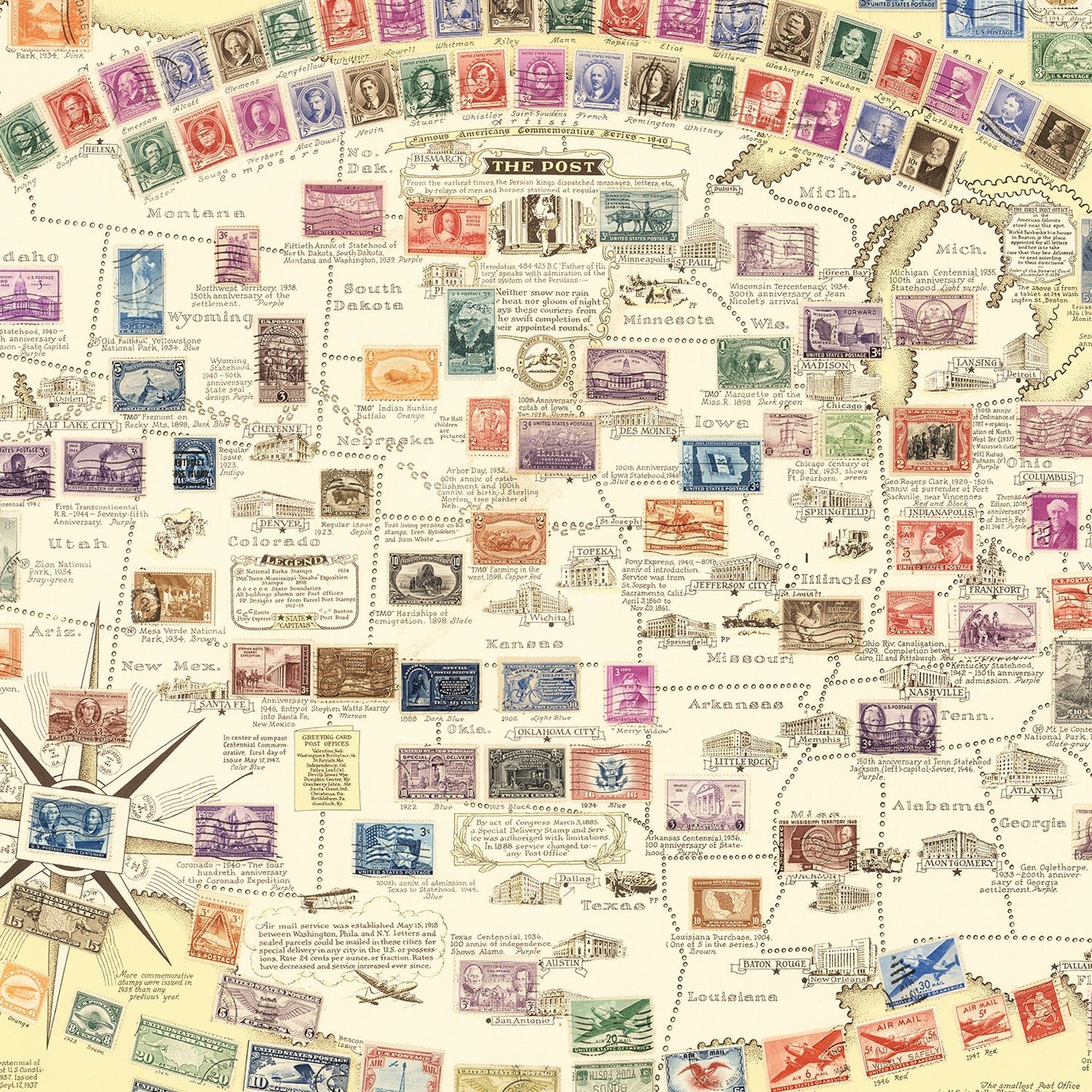 Vintage United States Map of Stamps, 1947