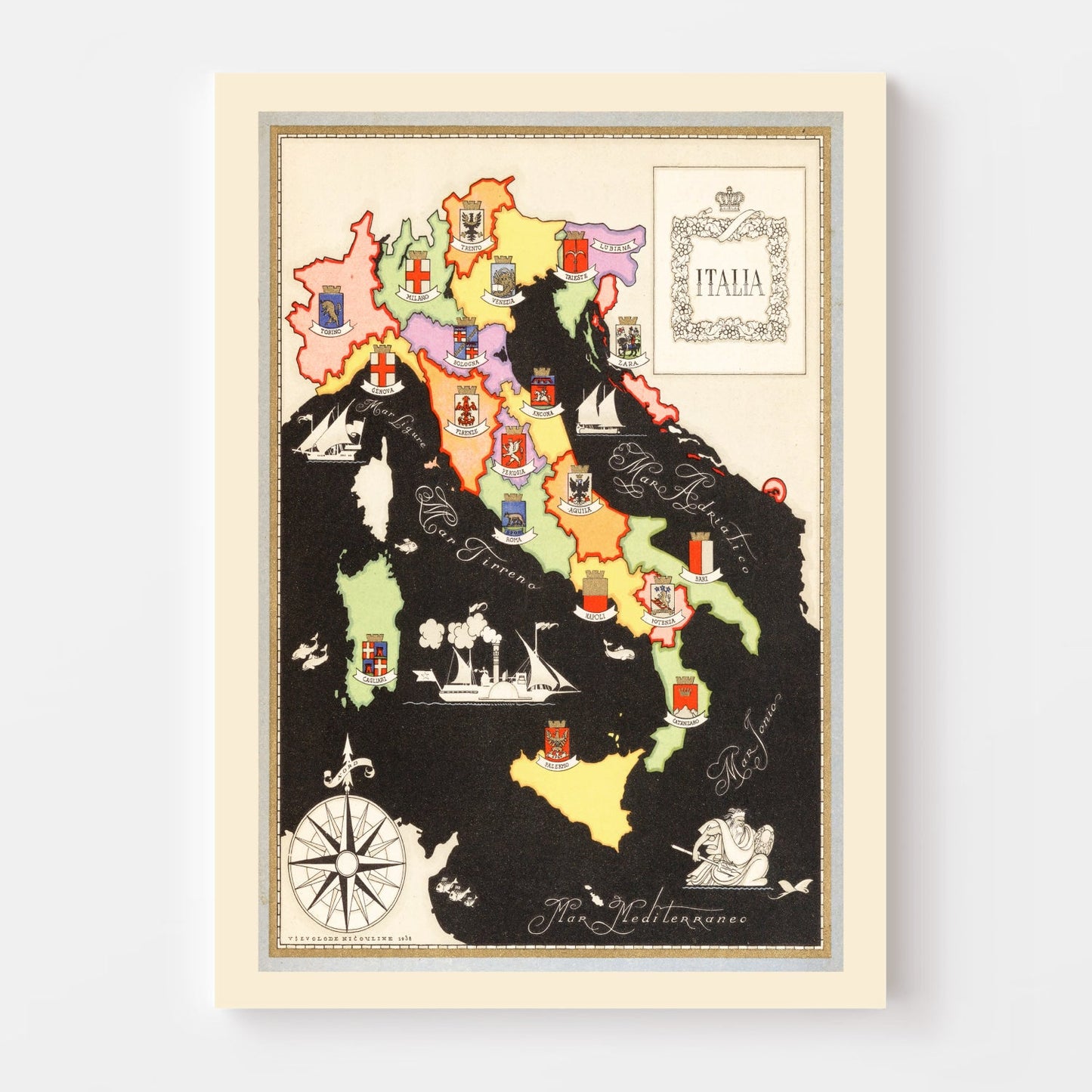 Vintage Map of Italy, 1938