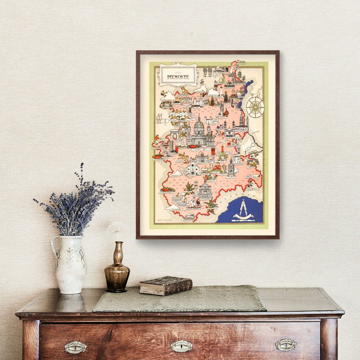 Vintage Map of Piemonte, Italy, 1938