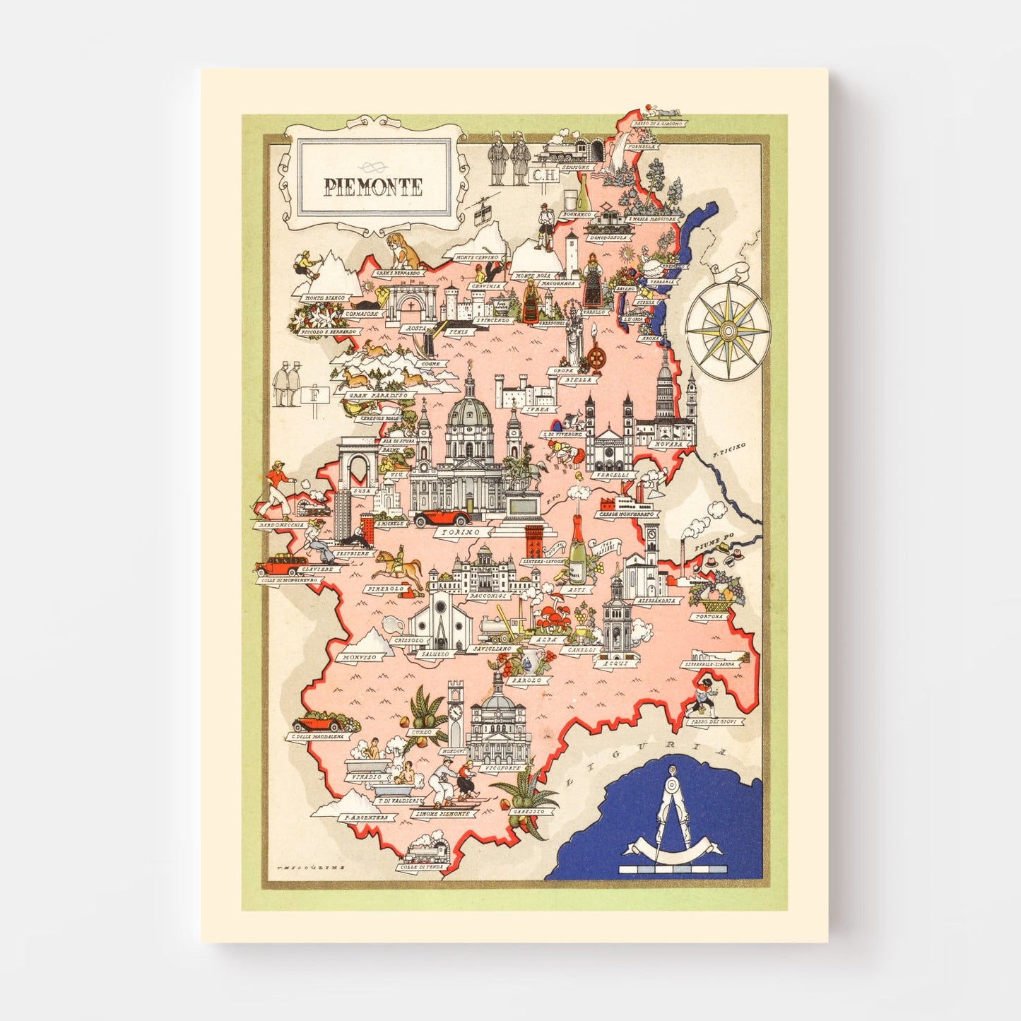 Vintage Map of Piemonte, Italy, 1938