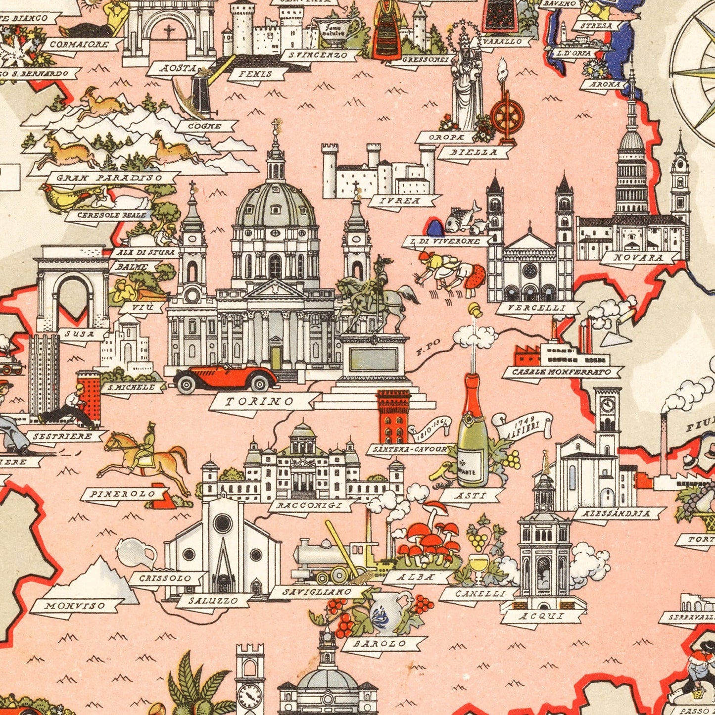 Vintage Map of Piemonte, Italy, 1938