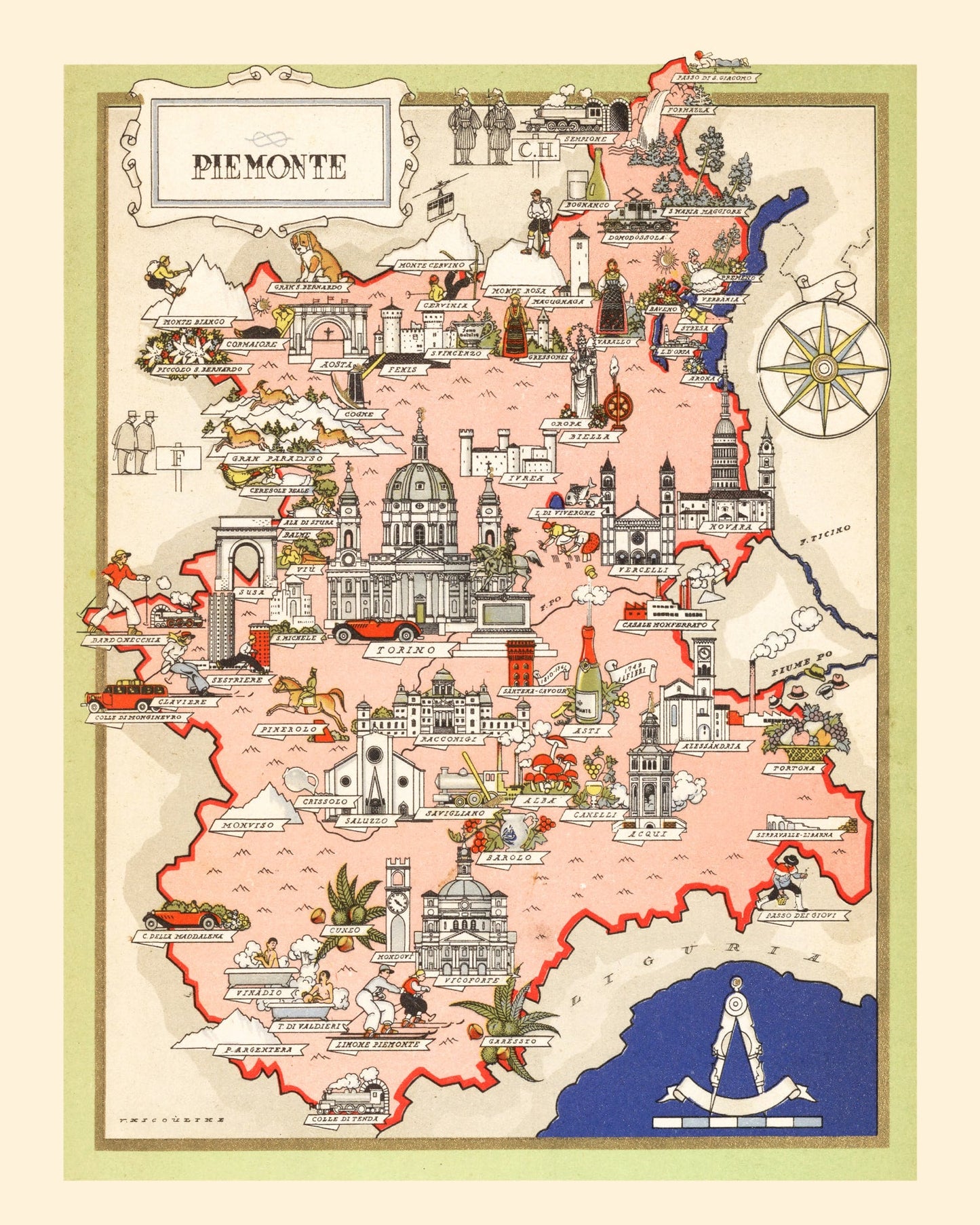 Vintage Map of Piemonte, Italy, 1938